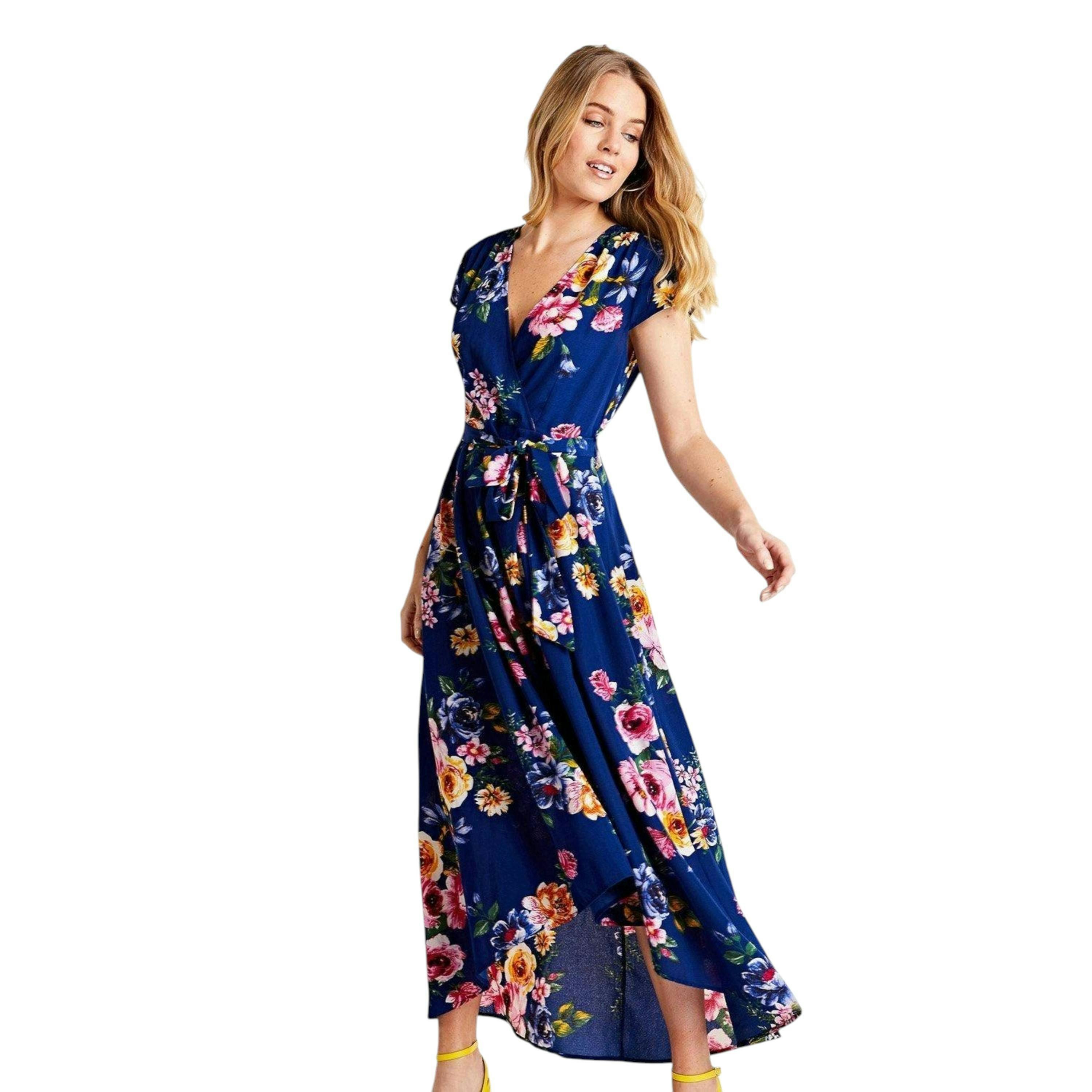 Mela Blue Floral Wrap Over Dipped Hem Midi Dress , view 2 of 3