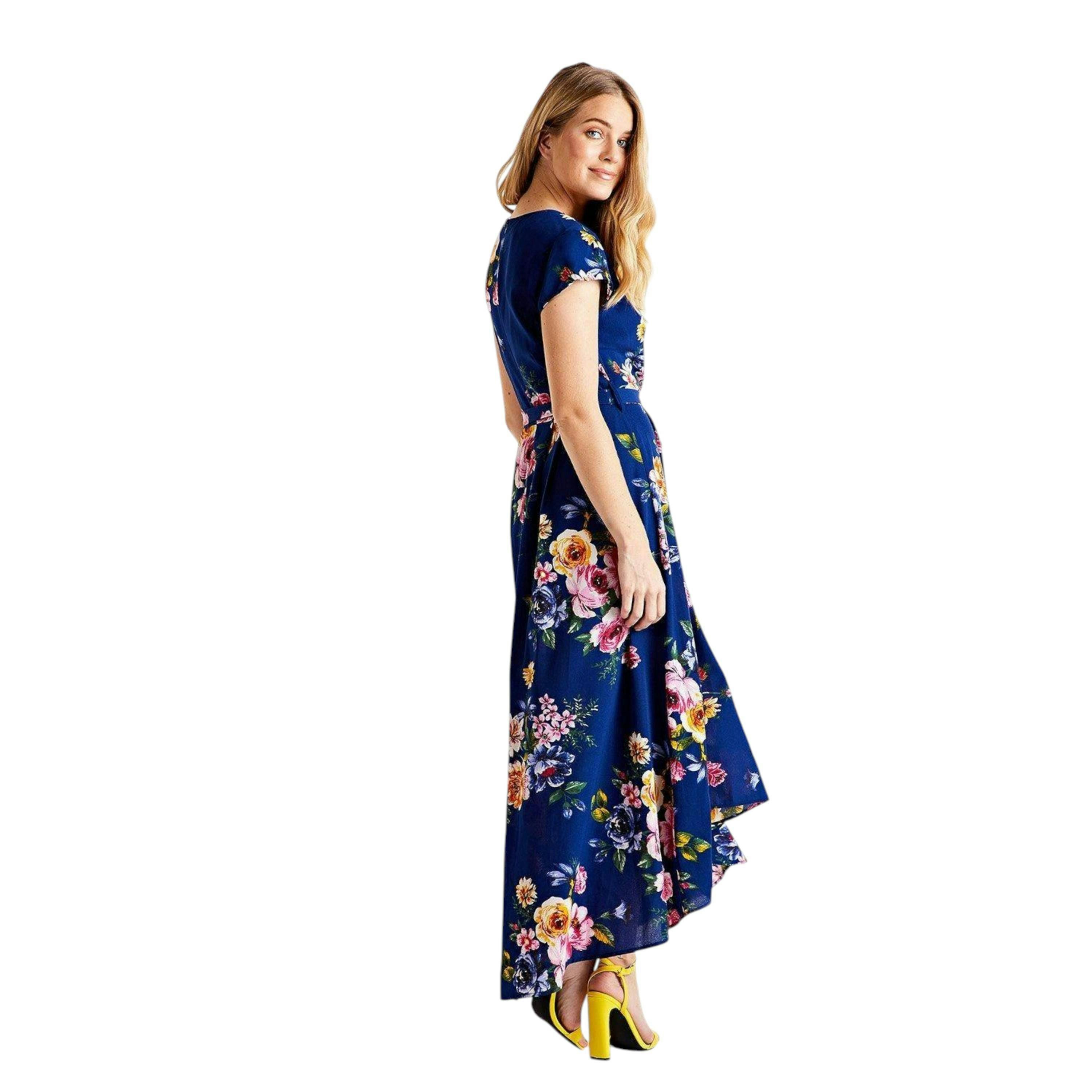 Mela Blue Floral Wrap Over Dipped Hem Midi Dress , view 3 of 3