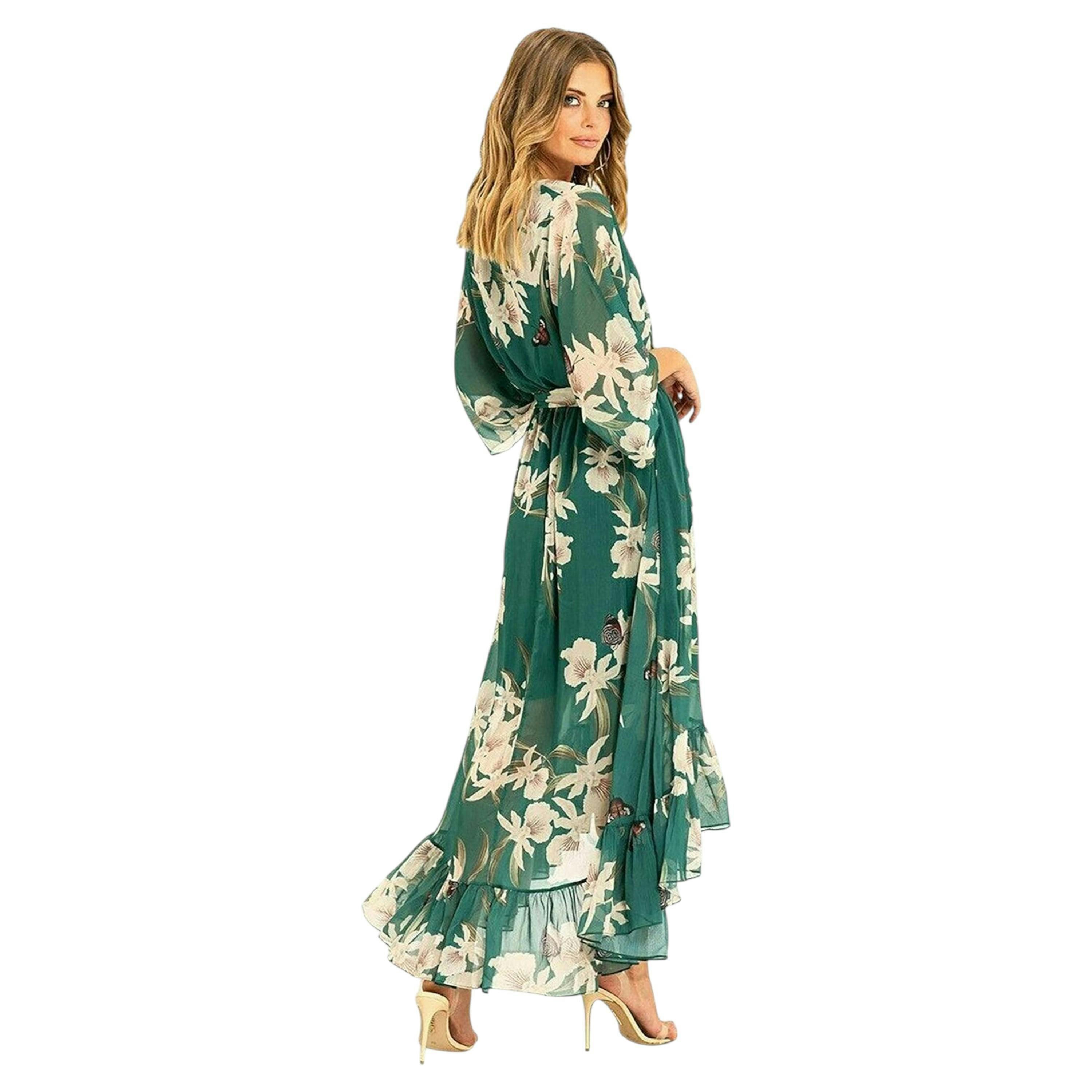 Green Floral Kimono Sleeves Dip Hem Wrap Midi Dress , view 2 of 4
