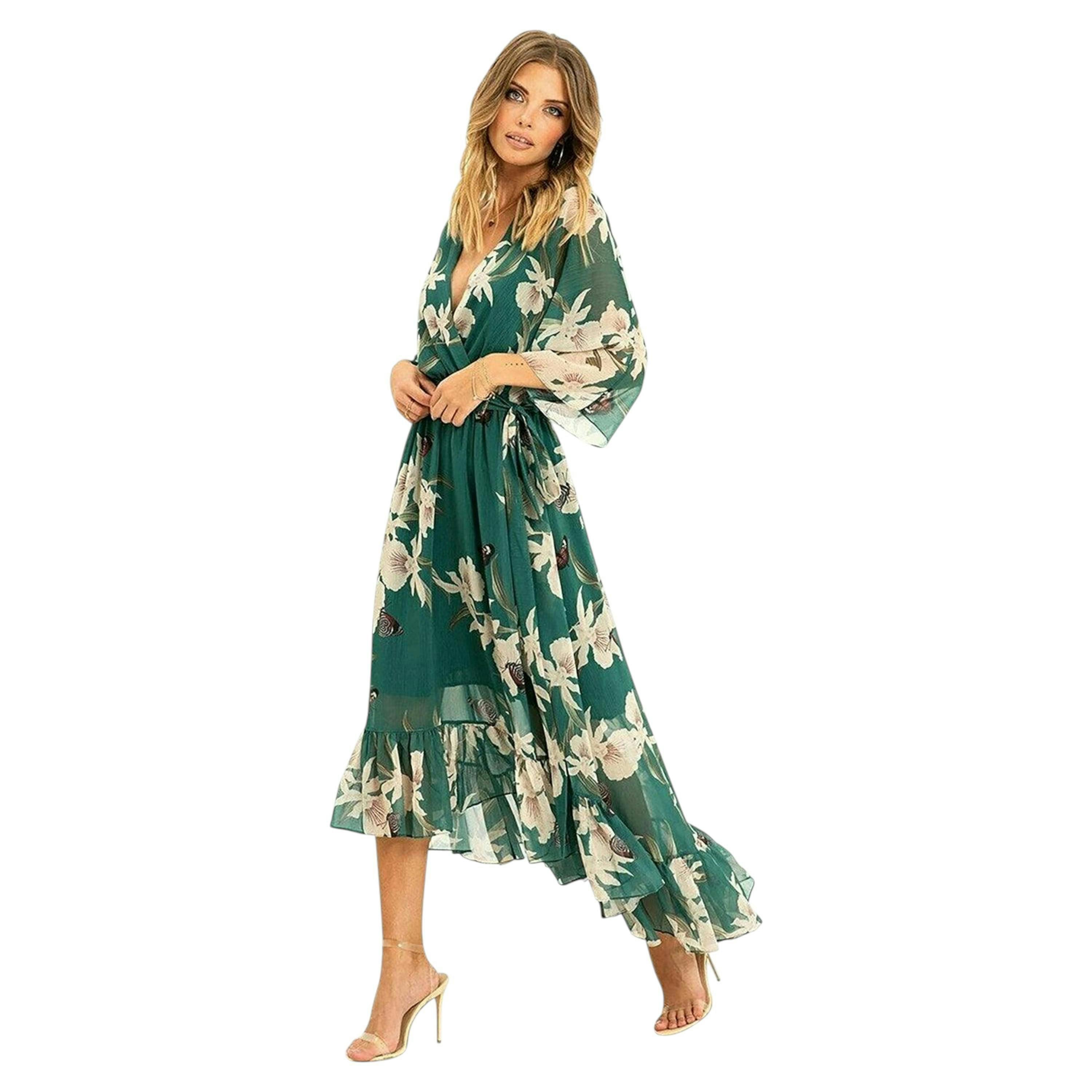 Green Floral Kimono Sleeves Dip Hem Wrap Midi Dress , view 3 of 4