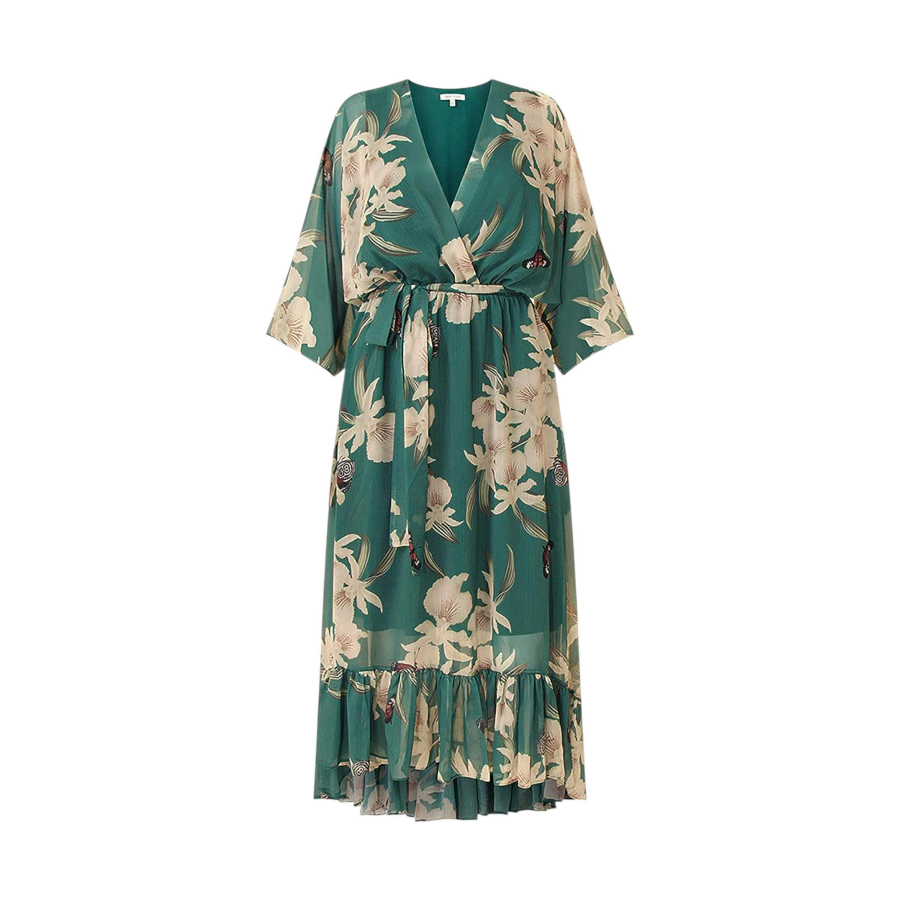 Green Floral Kimono Sleeves Dip Hem Wrap Midi Dress , view 4 of 4