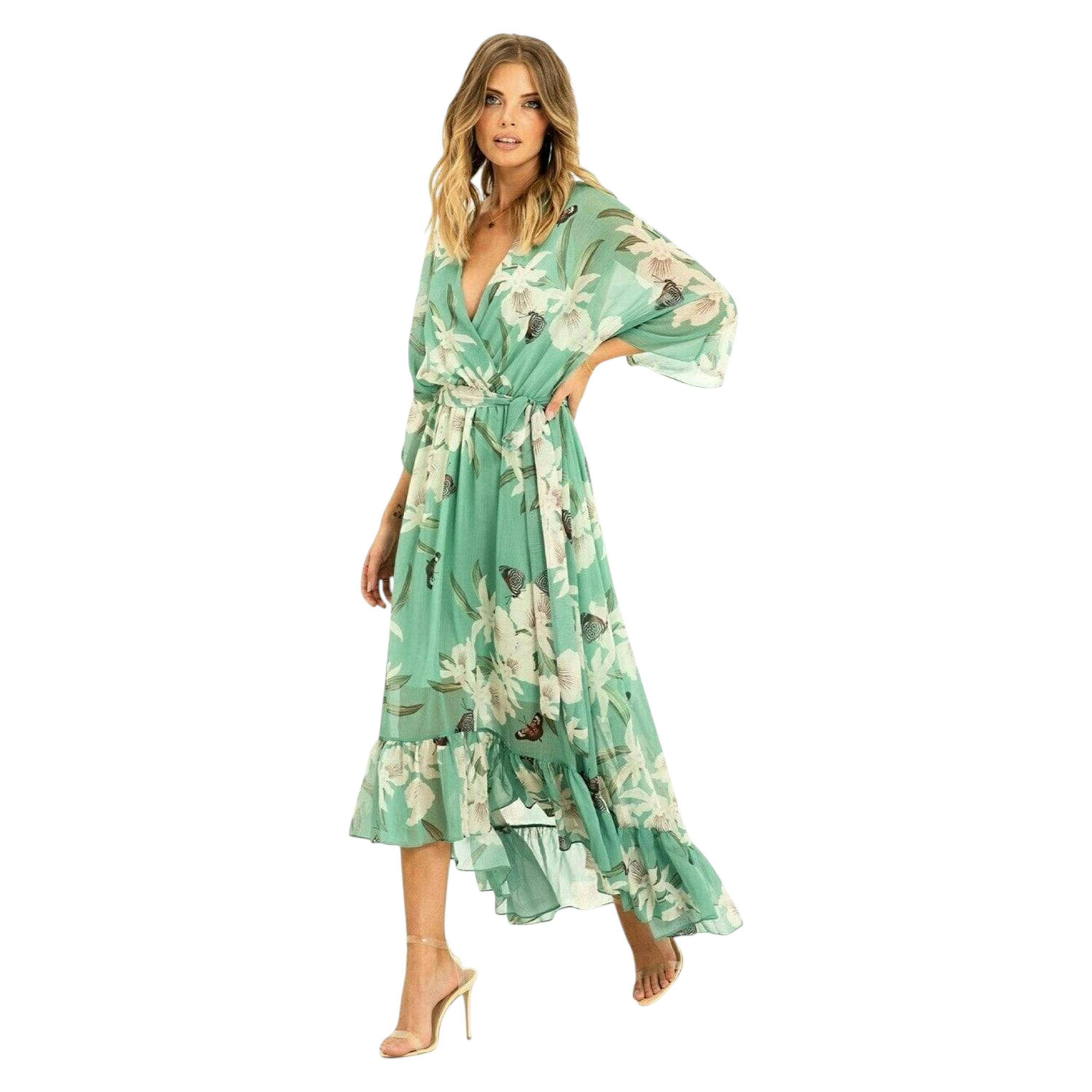 Mint Floral Kimono Sleeves Dip Hem Wrap Midi Dress , view 1 of 4