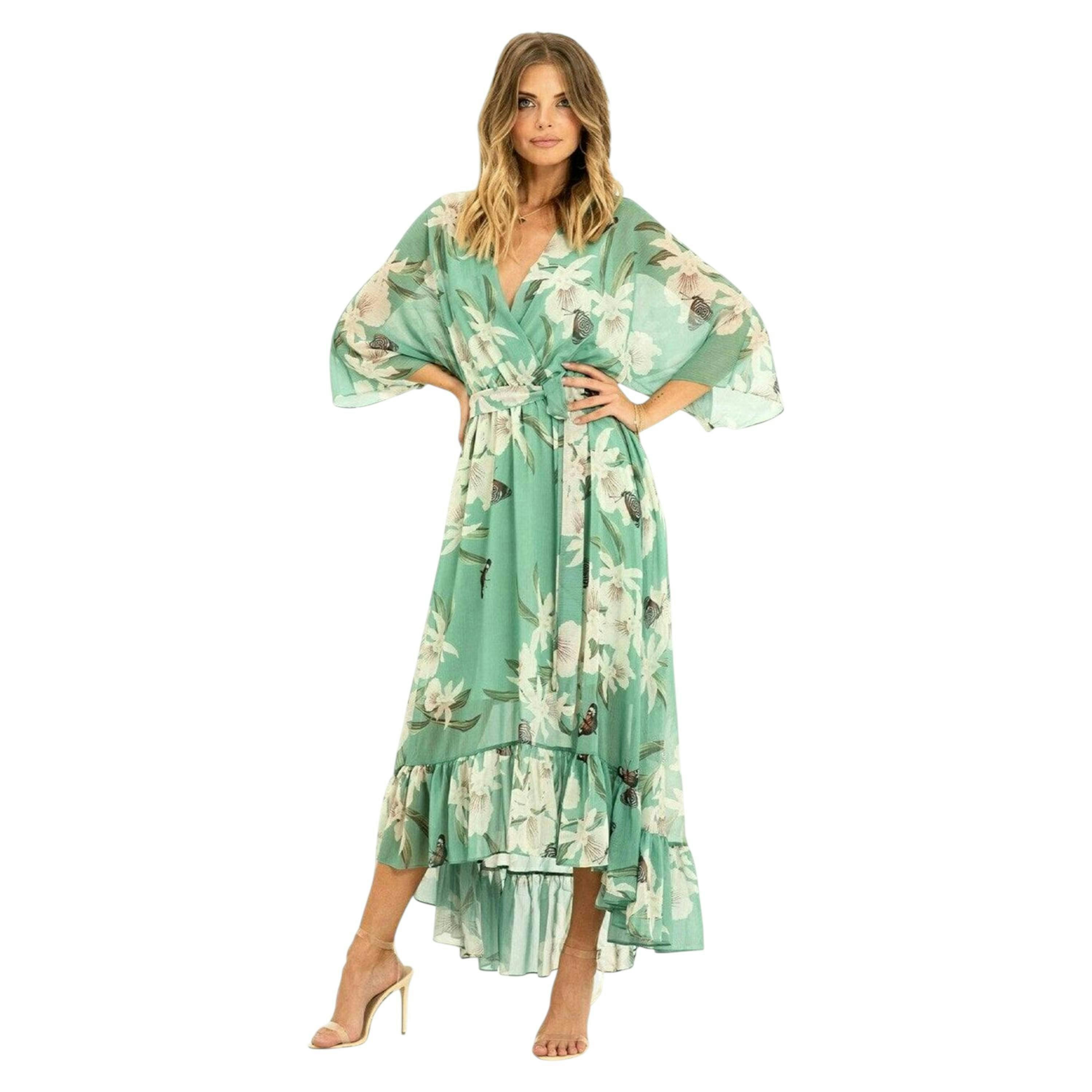 Mint Floral Kimono Sleeves Dip Hem Wrap Midi Dress , view 2 of 4
