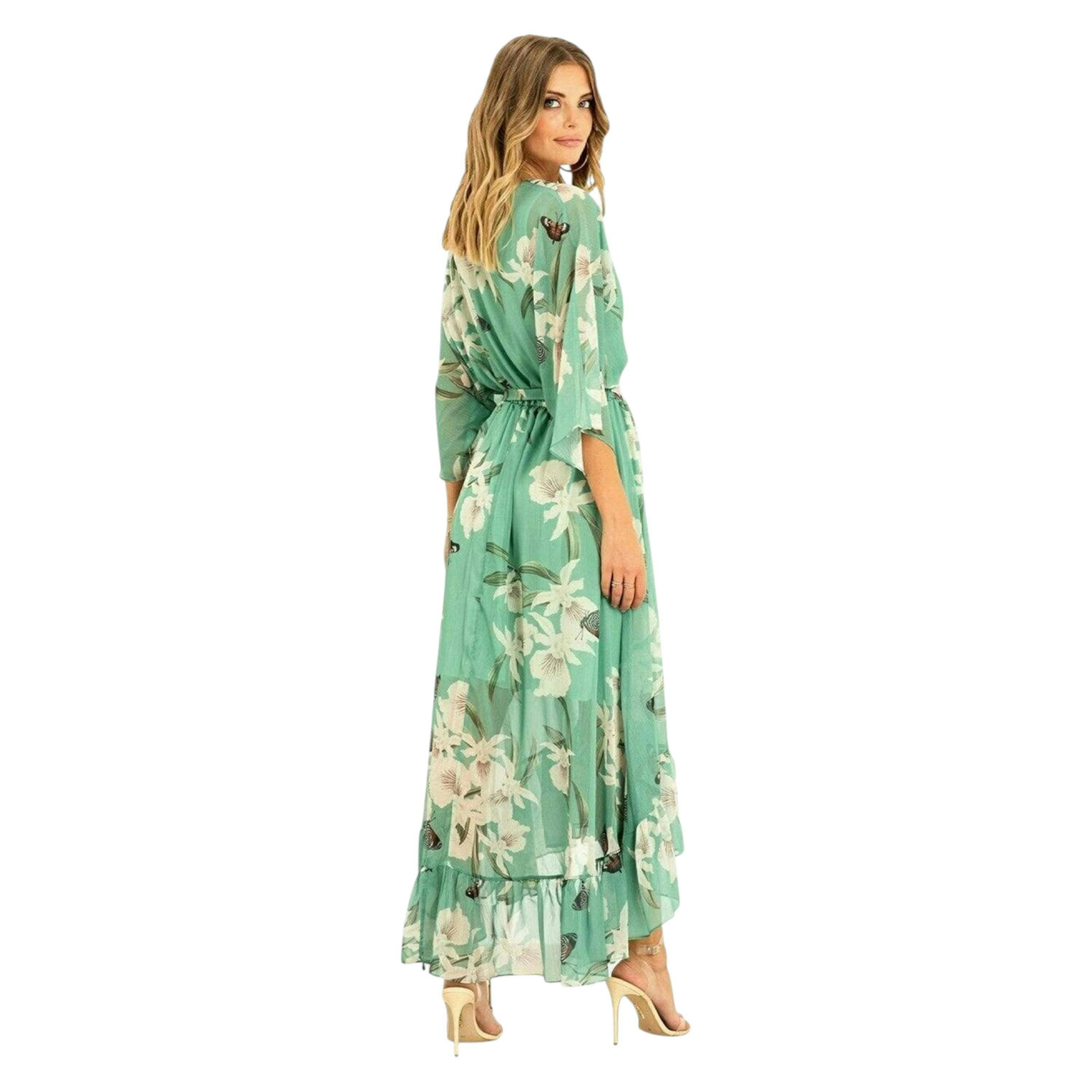 Mint Floral Kimono Sleeves Dip Hem Wrap Midi Dress , view 3 of 4