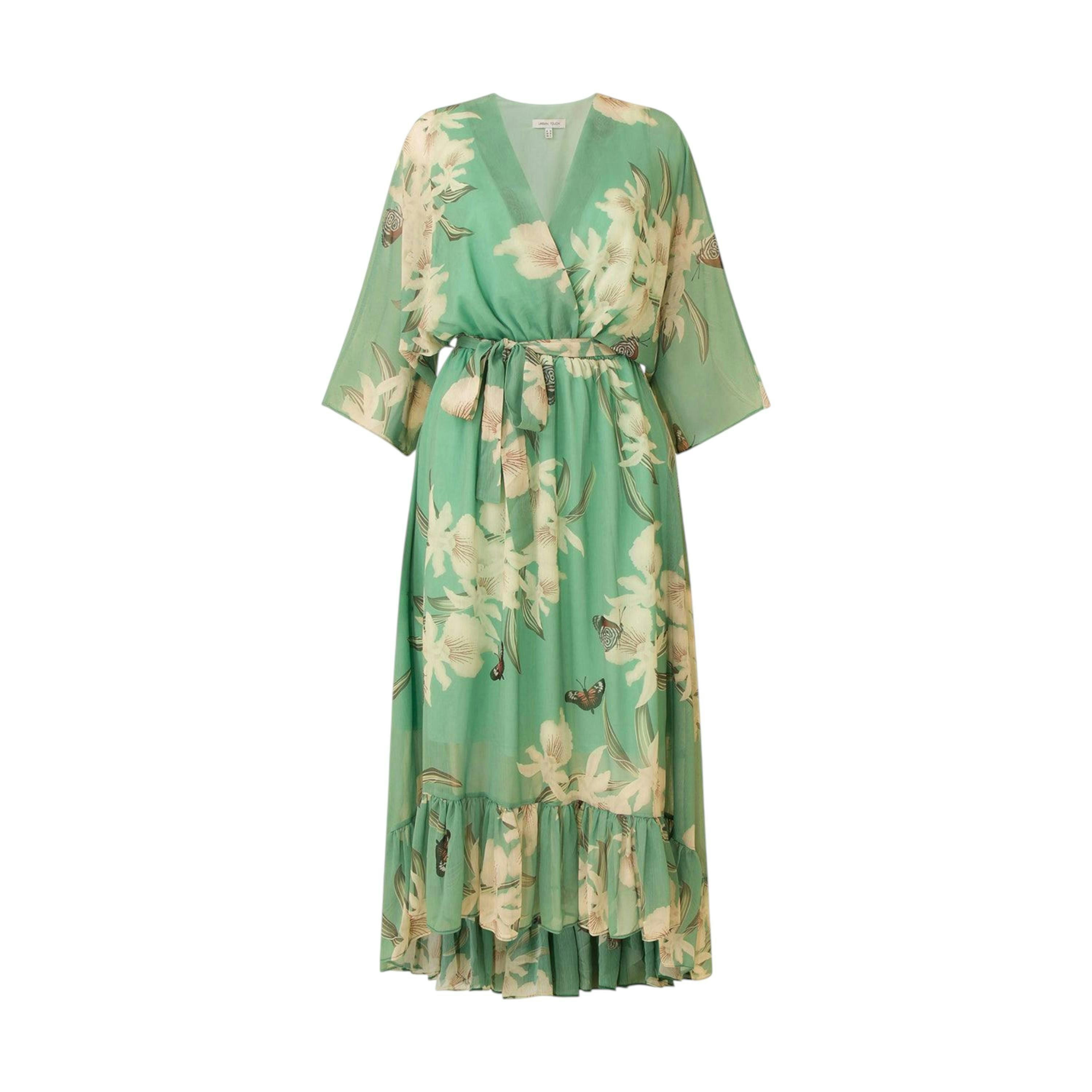 Mint Floral Kimono Sleeves Dip Hem Wrap Midi Dress , view 4 of 4