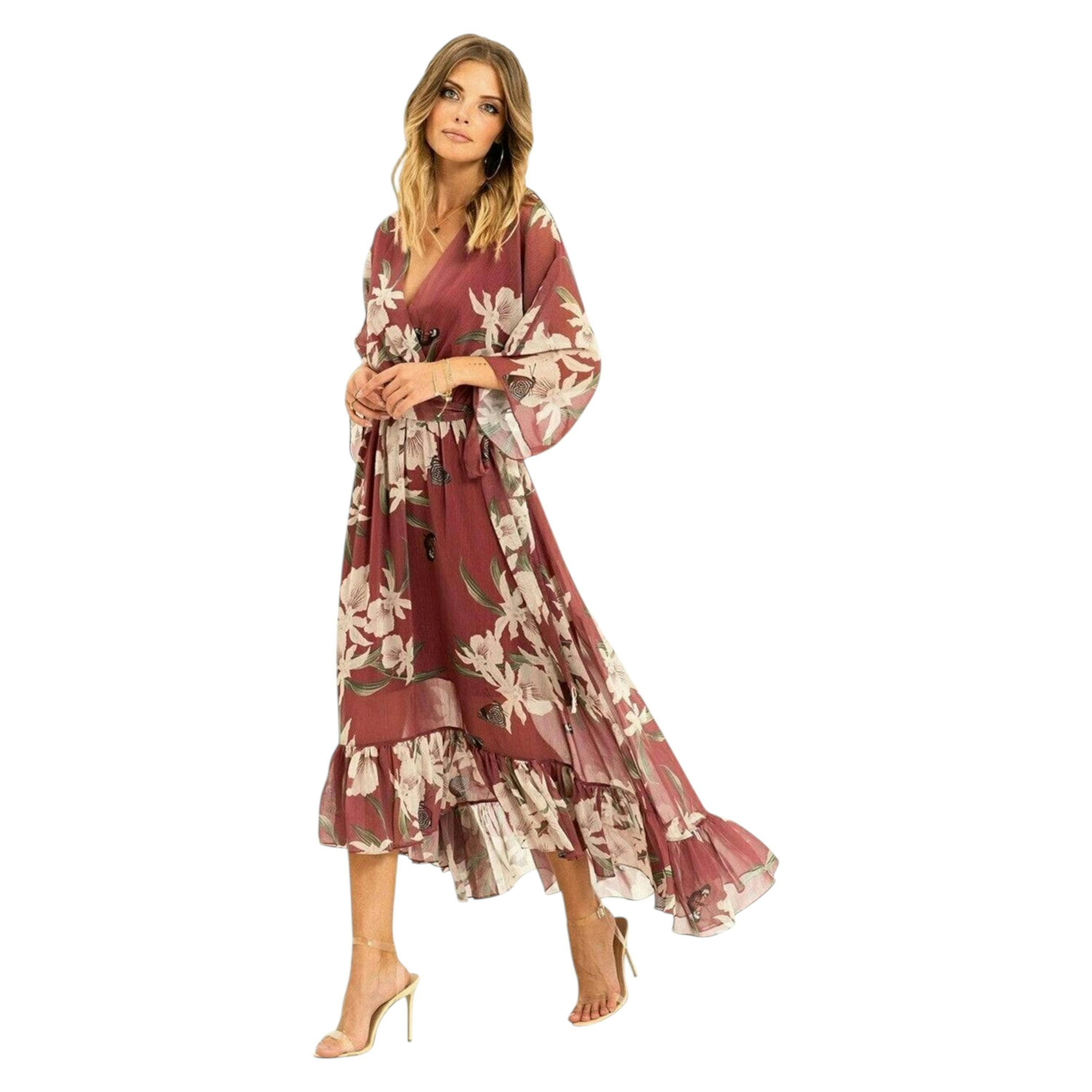Rose Pink Floral Kimono Sleeves Dip Hem Wrap Midi Dress , view 1 of 4