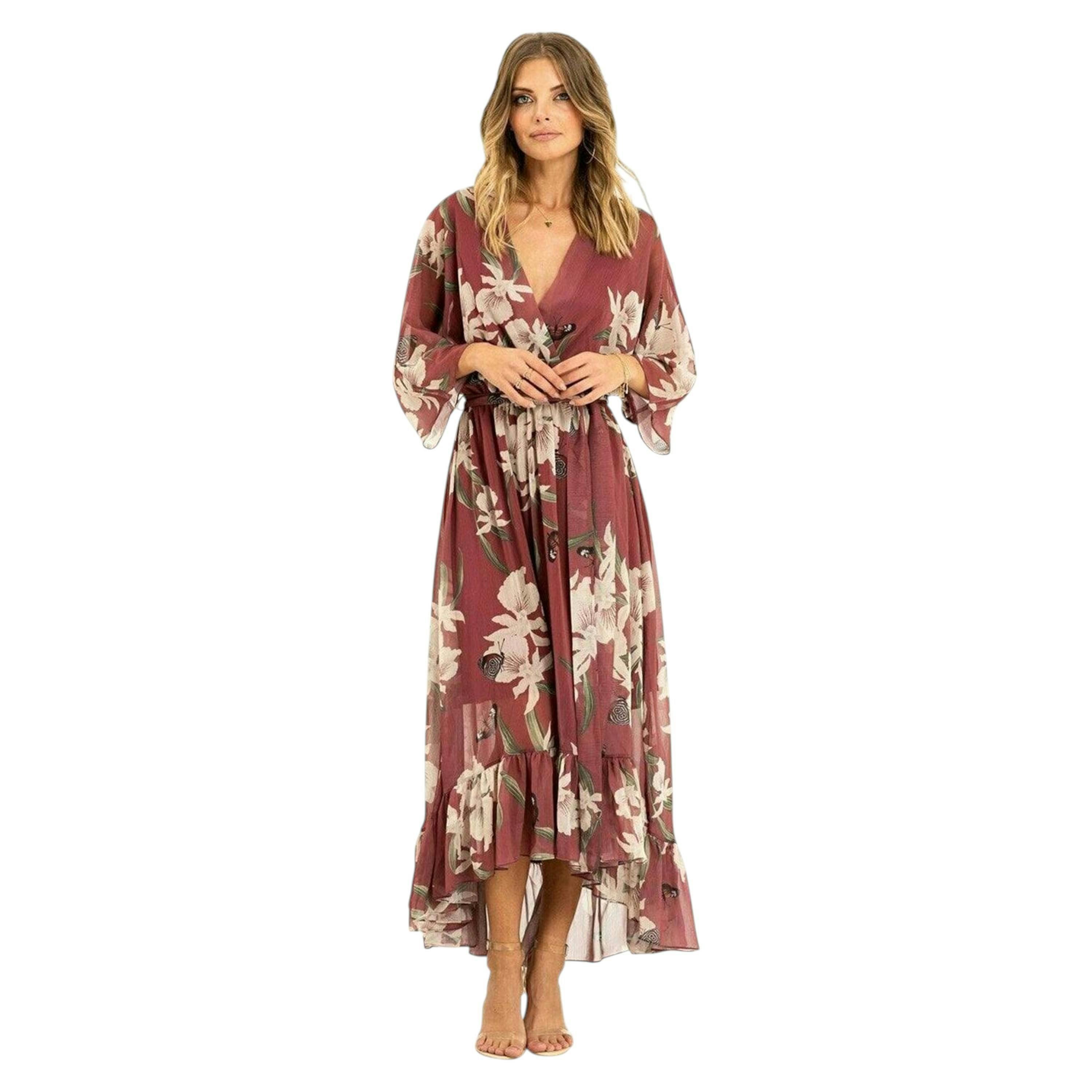 Rose Pink Floral Kimono Sleeves Dip Hem Wrap Midi Dress , view 2 of 4