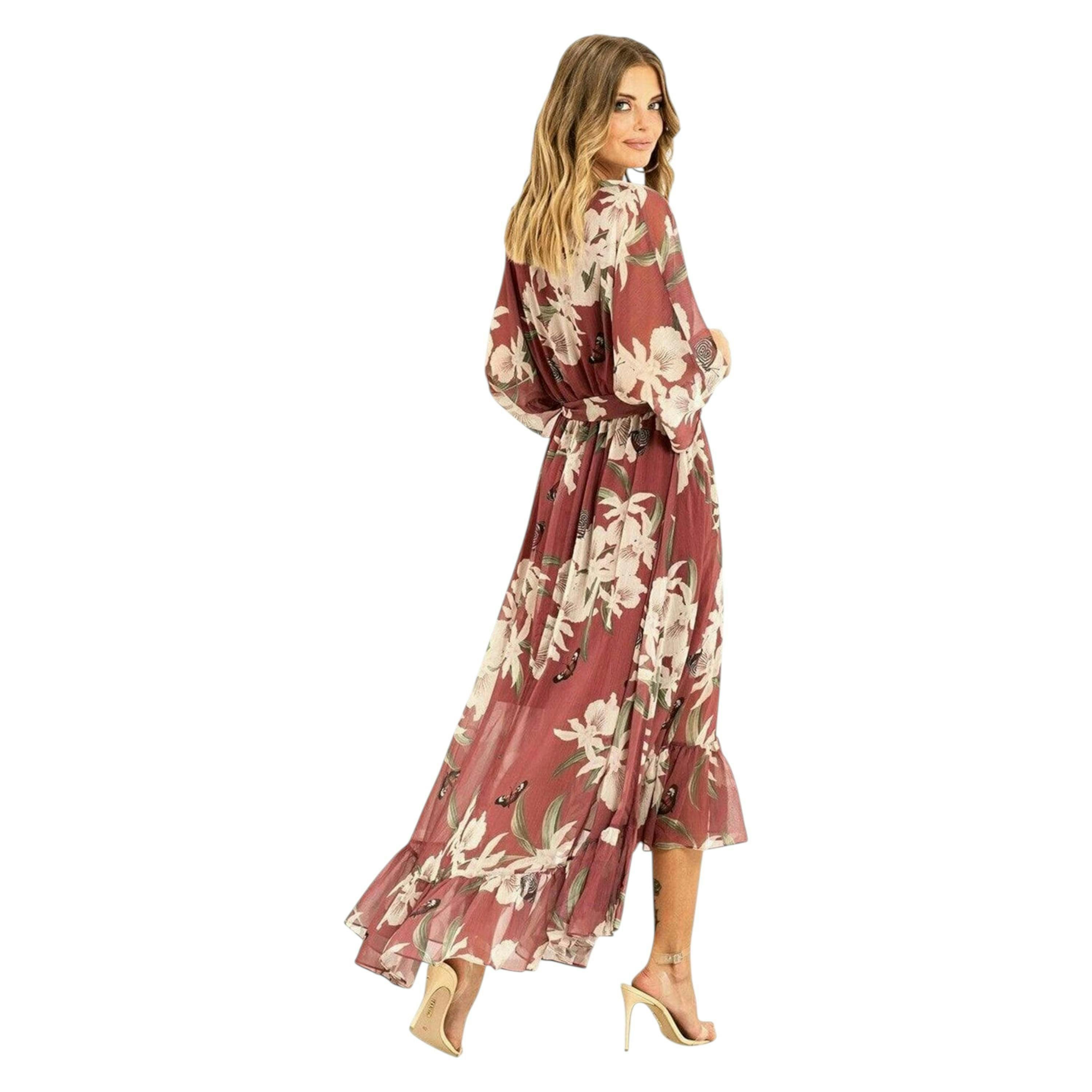 Rose Pink Floral Kimono Sleeves Dip Hem Wrap Midi Dress , view 3 of 4