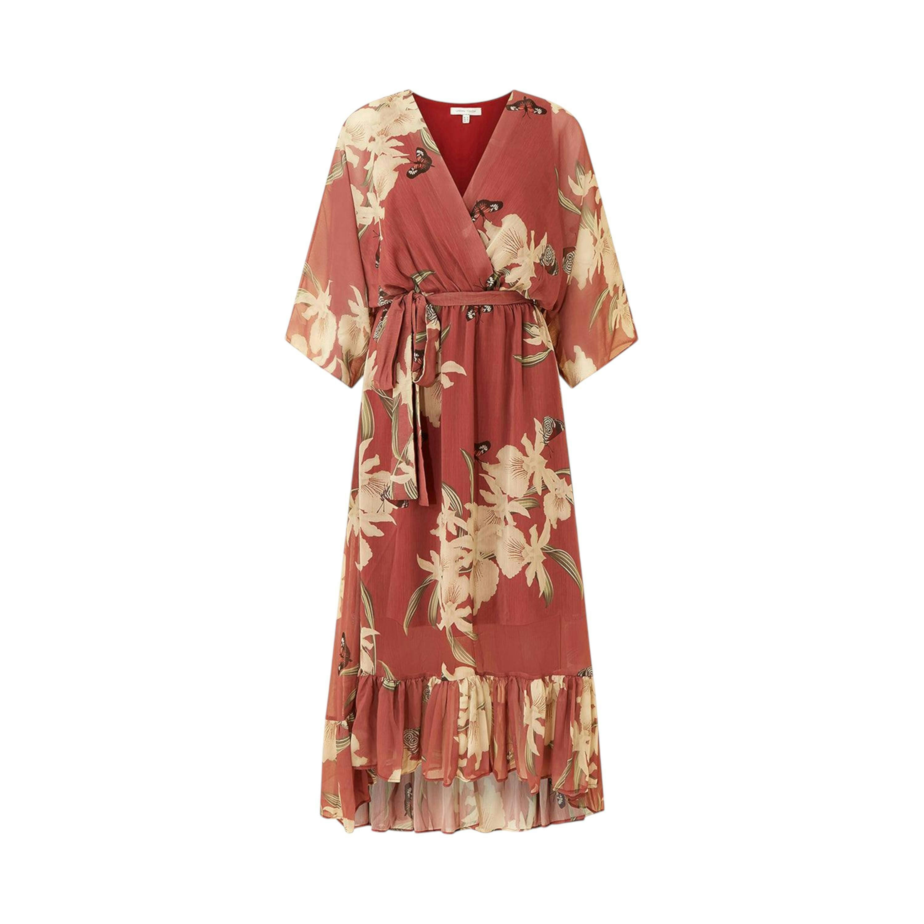 Rose Pink Floral Kimono Sleeves Dip Hem Wrap Midi Dress , view 4 of 4