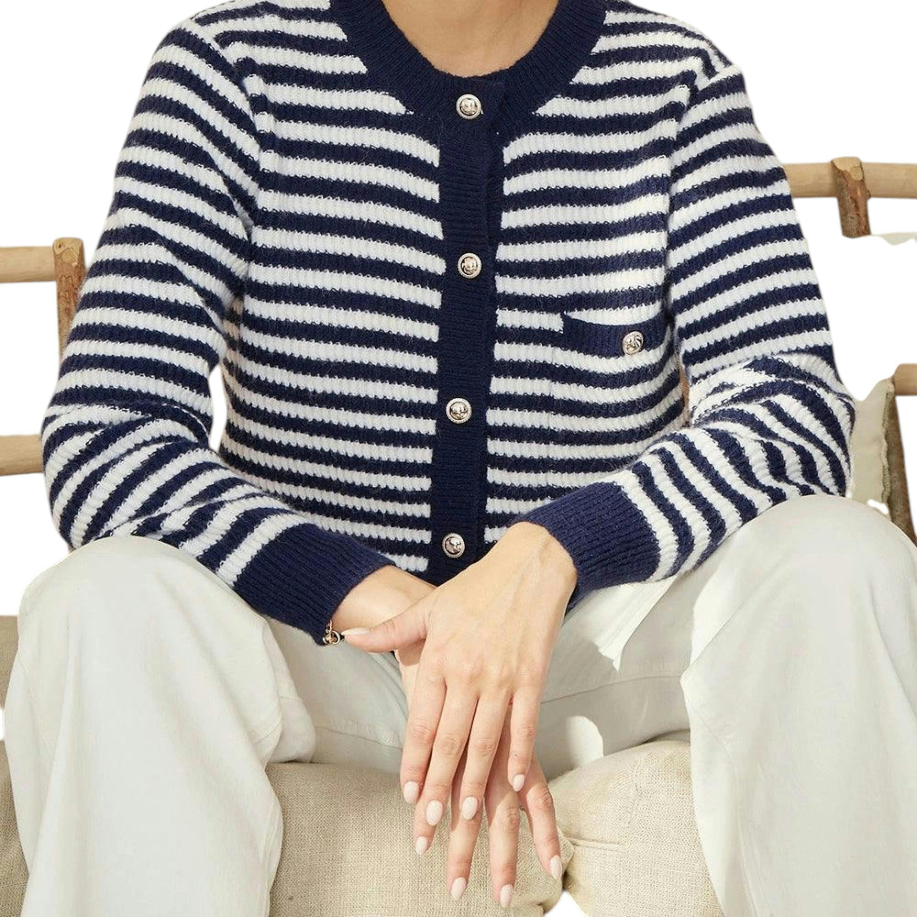 Yumi Navy Stripe Knit Relaxed Fit Cardigan , view 1 of 4