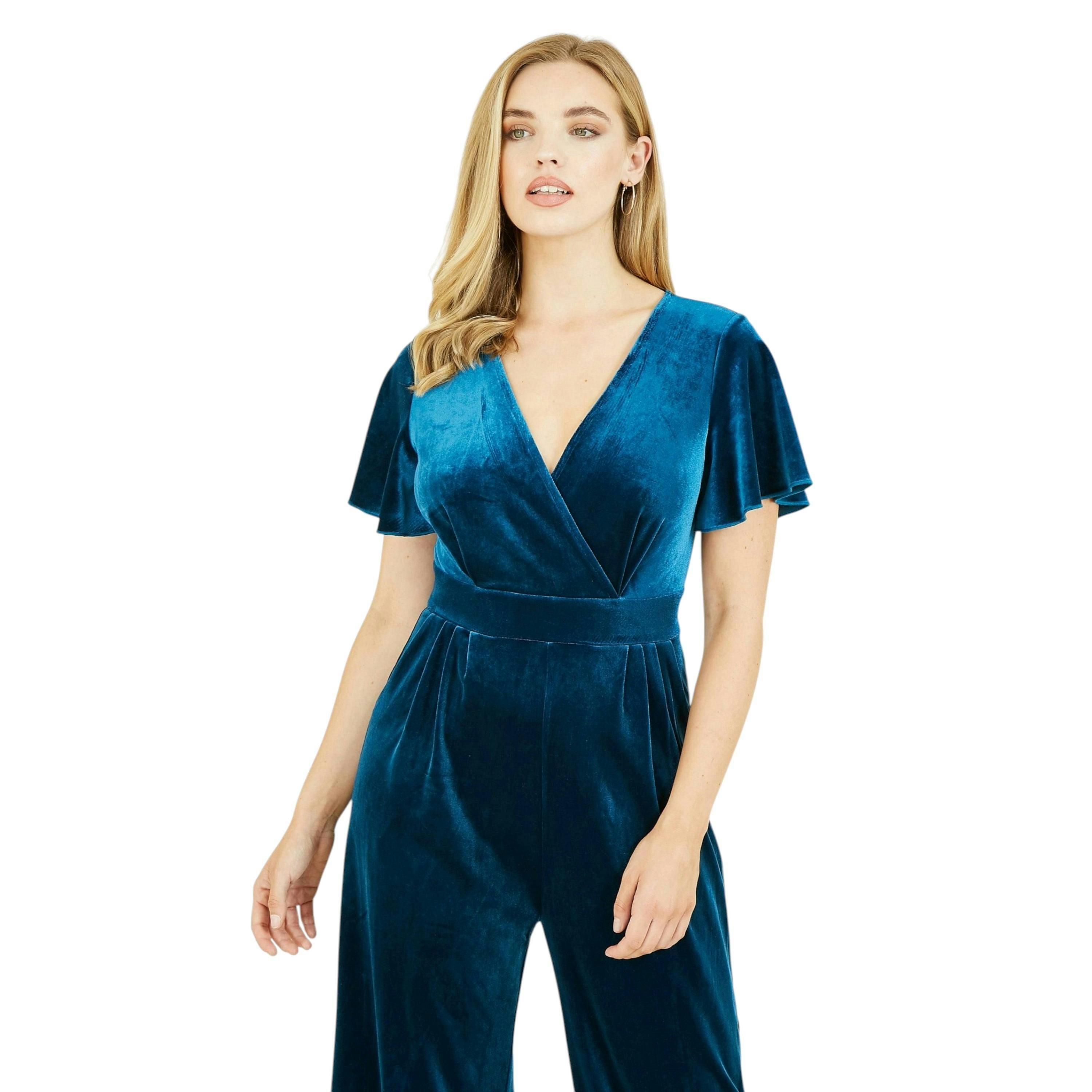 Yumi Teal Jumpsuit With Angel Sleeves , view 1 of 4