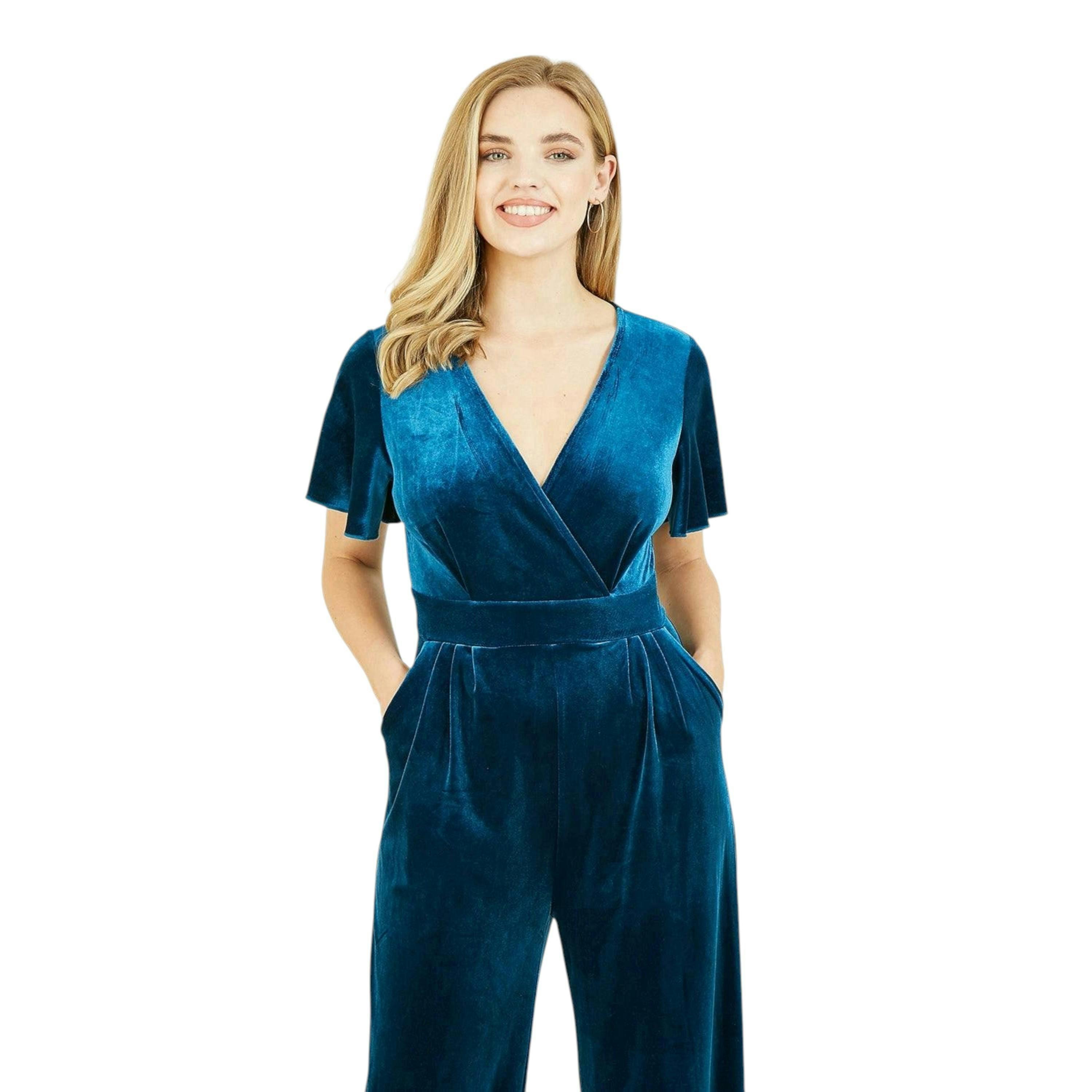 Yumi Teal Jumpsuit With Angel Sleeves , view 3 of 4