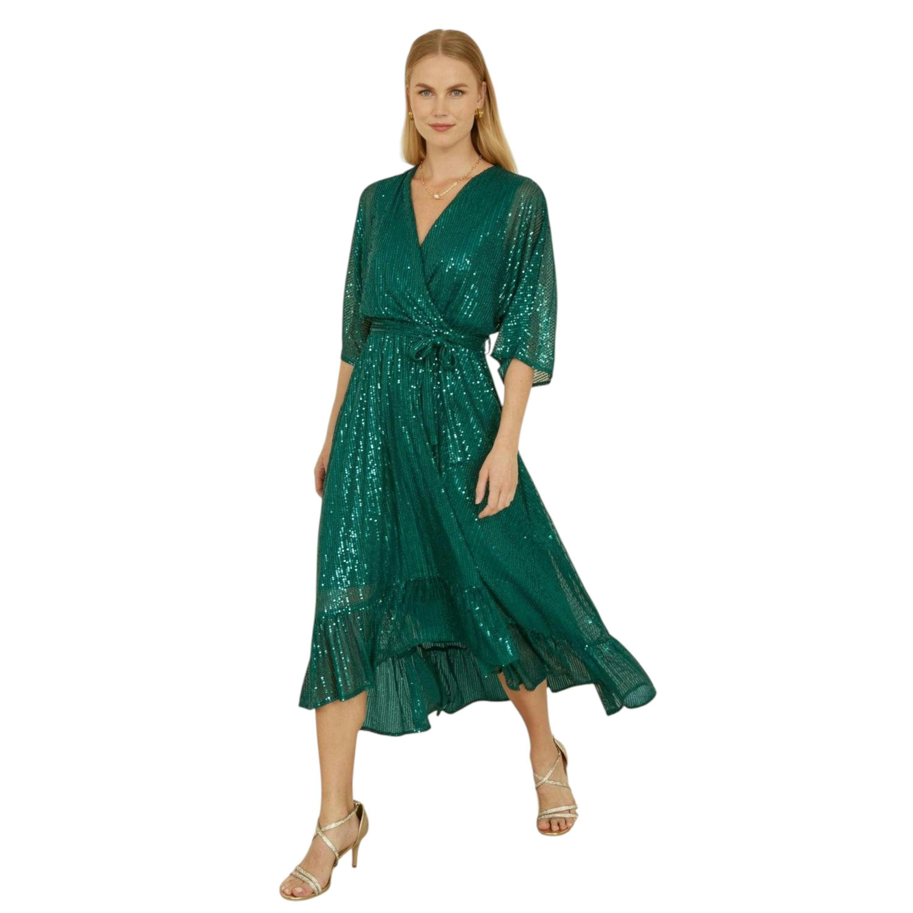 Yumi Green Sequin Kimono Midi Wrap Dress , view 1 of 6