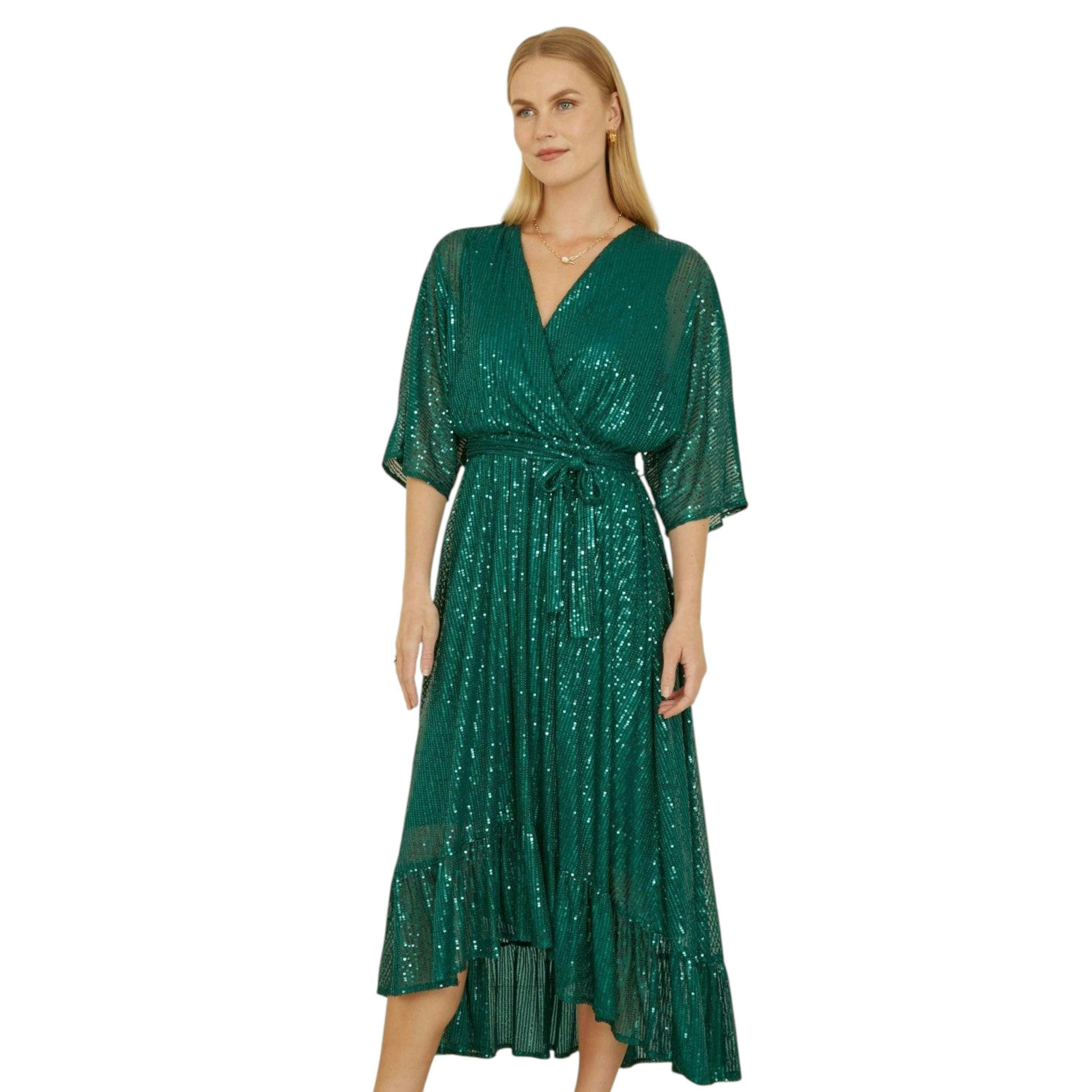 Yumi Green Sequin Kimono Midi Wrap Dress , view 3 of 6
