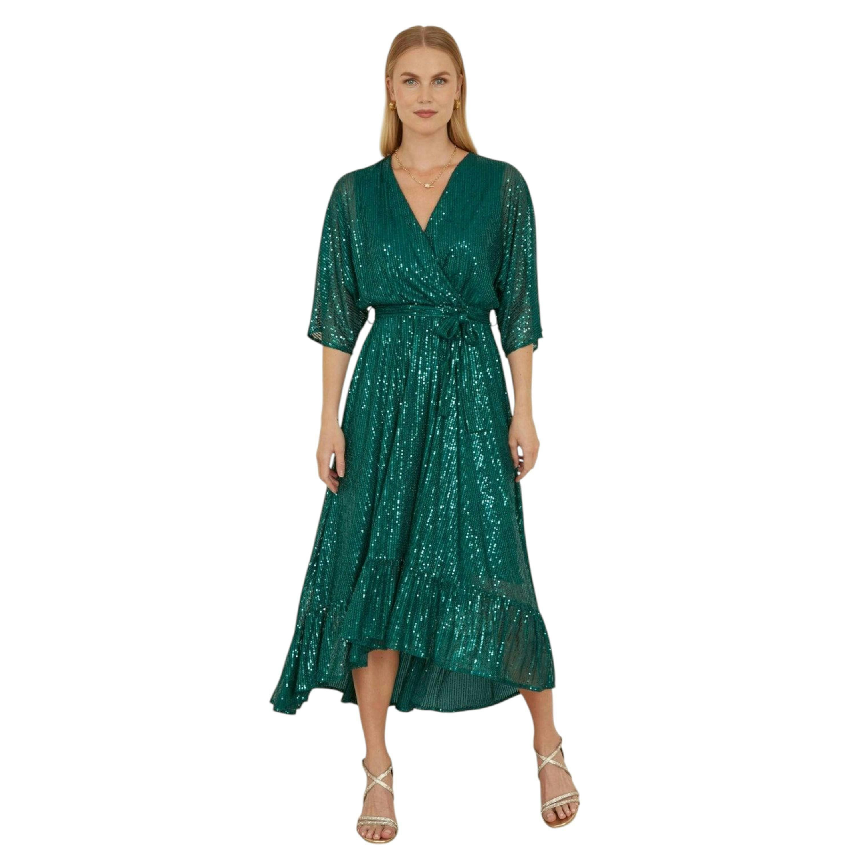Yumi Green Sequin Kimono Midi Wrap Dress , view 4 of 6