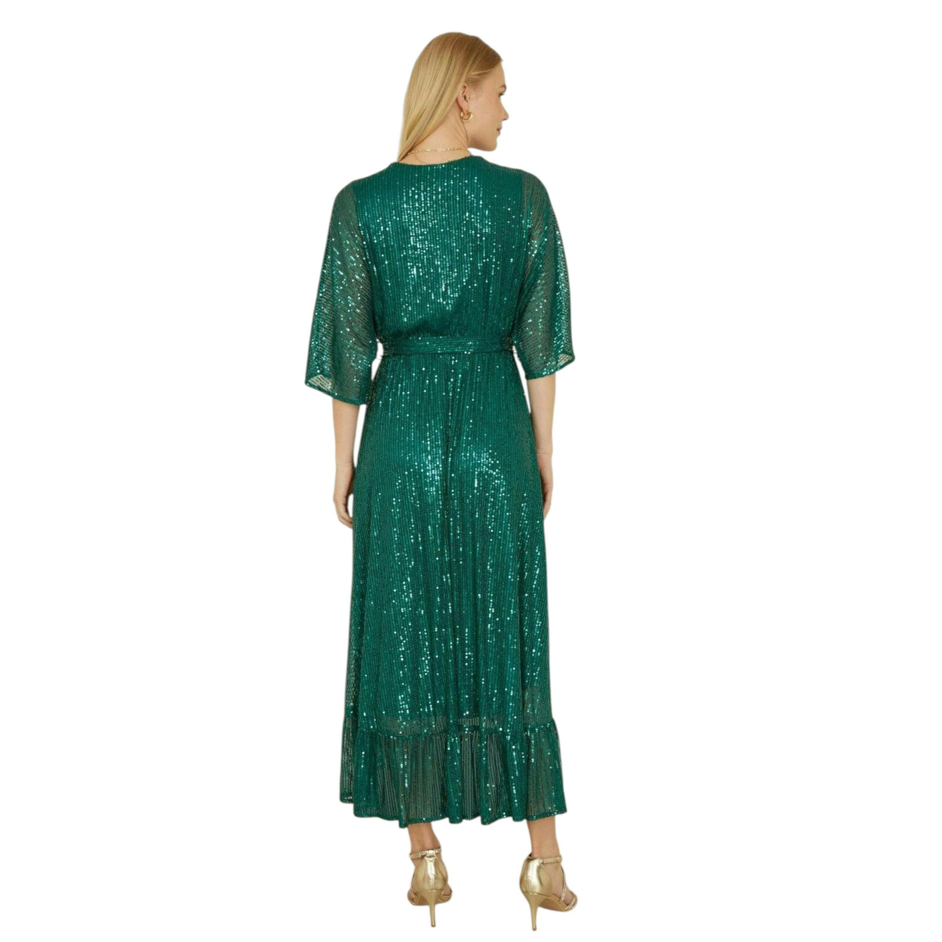 Yumi Green Sequin Kimono Midi Wrap Dress , view 5 of 6