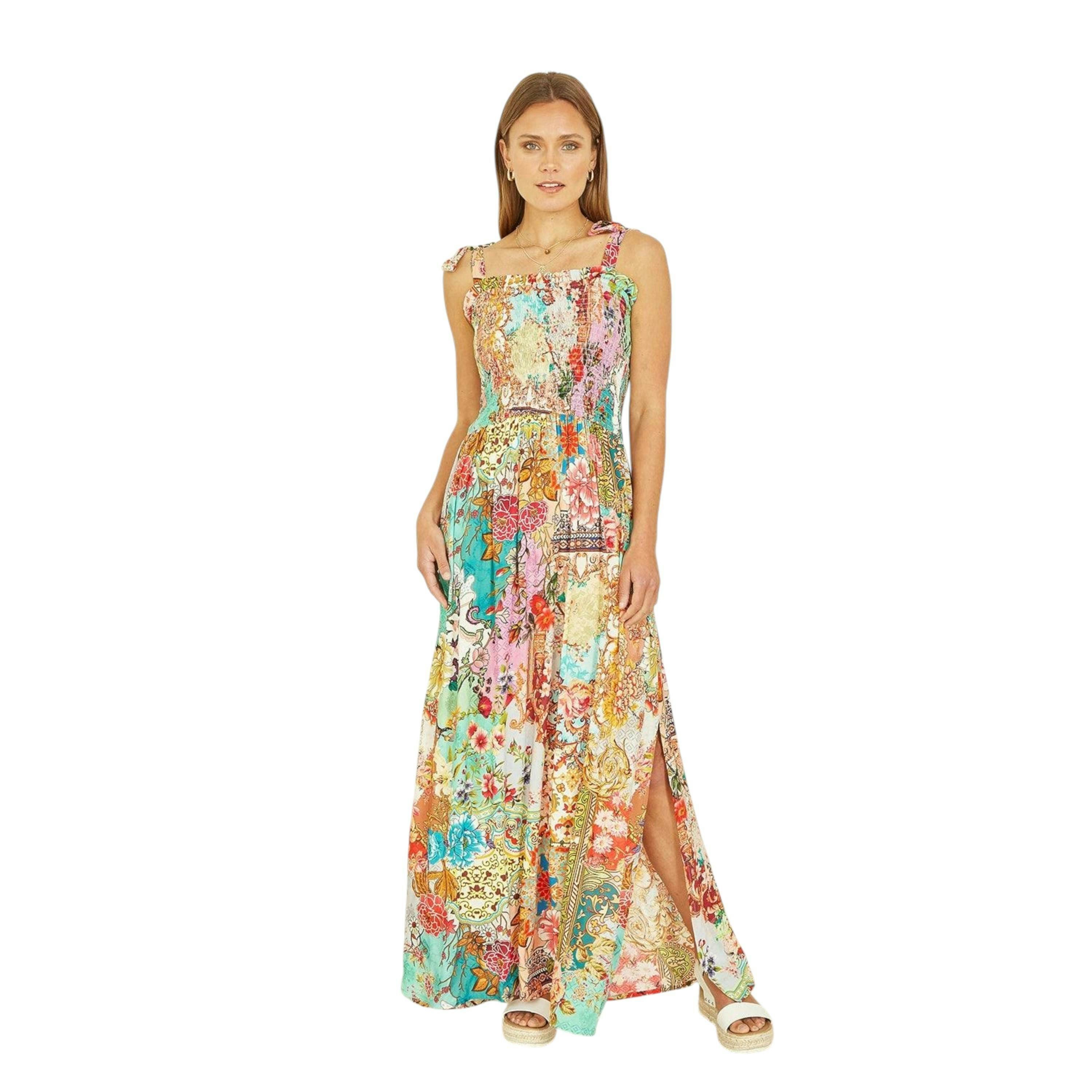 Yumi Multicolour Patchwork Split Hem Maxi Dress With Tie Straps , view 2 of 4