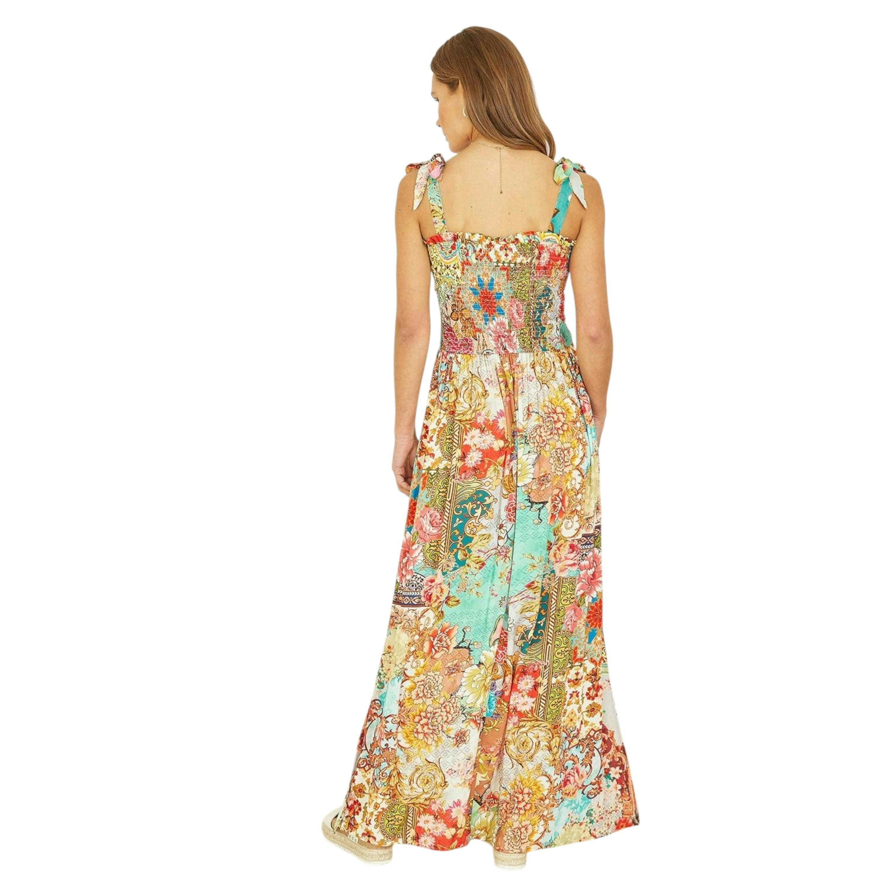 Yumi Multicolour Patchwork Split Hem Maxi Dress With Tie Straps , view 4 of 4