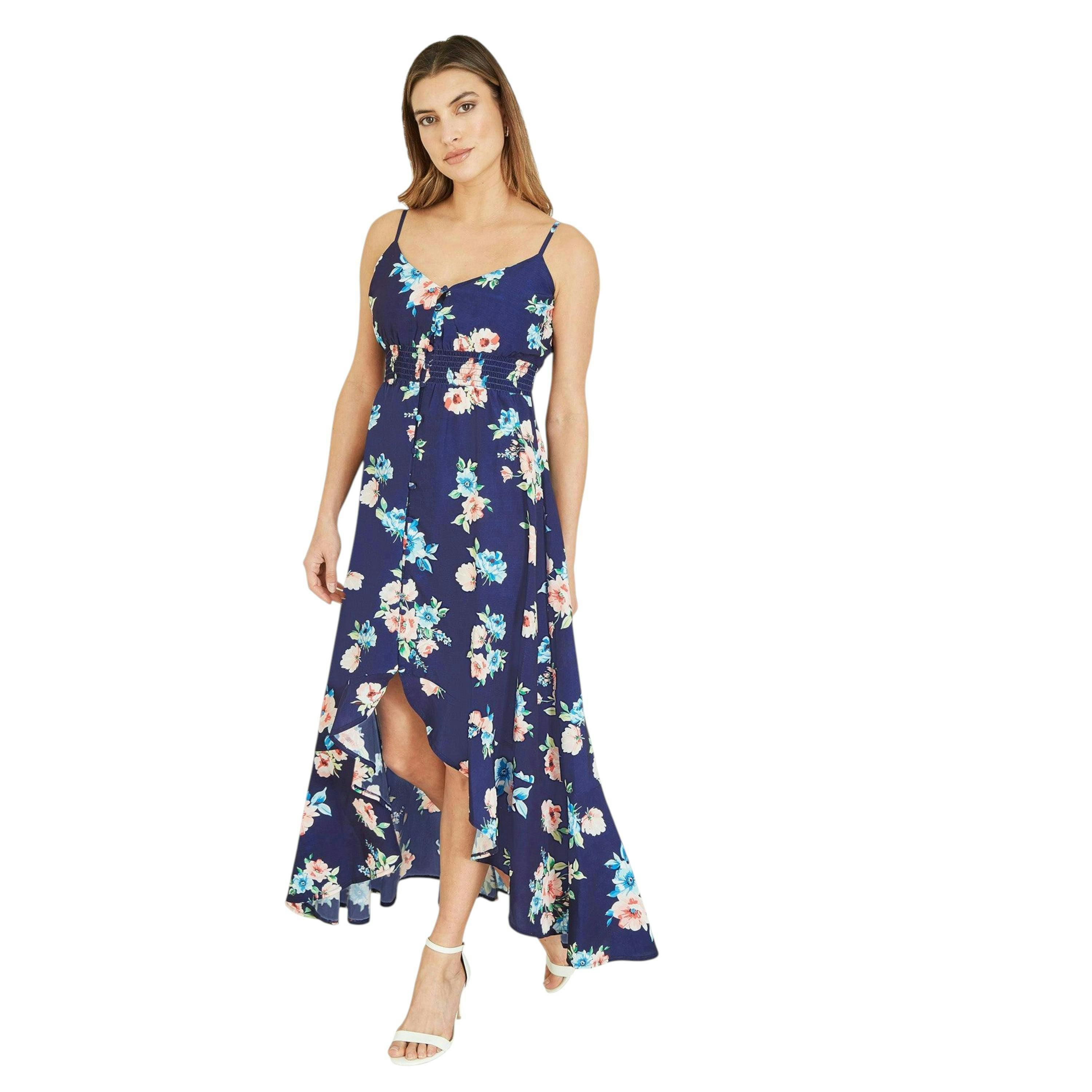 Mela Navy Floral High Low Frill Midi Dress , view 2 of 3