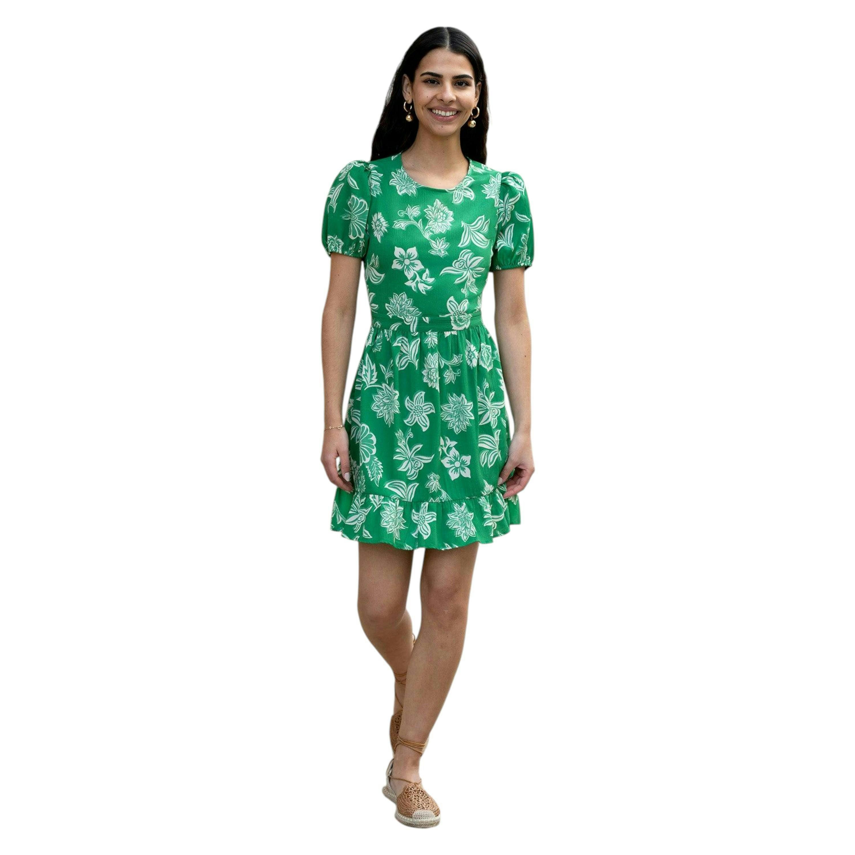 Mela Green Floral Print Skater Dress With Back Tie , view 2 of 6