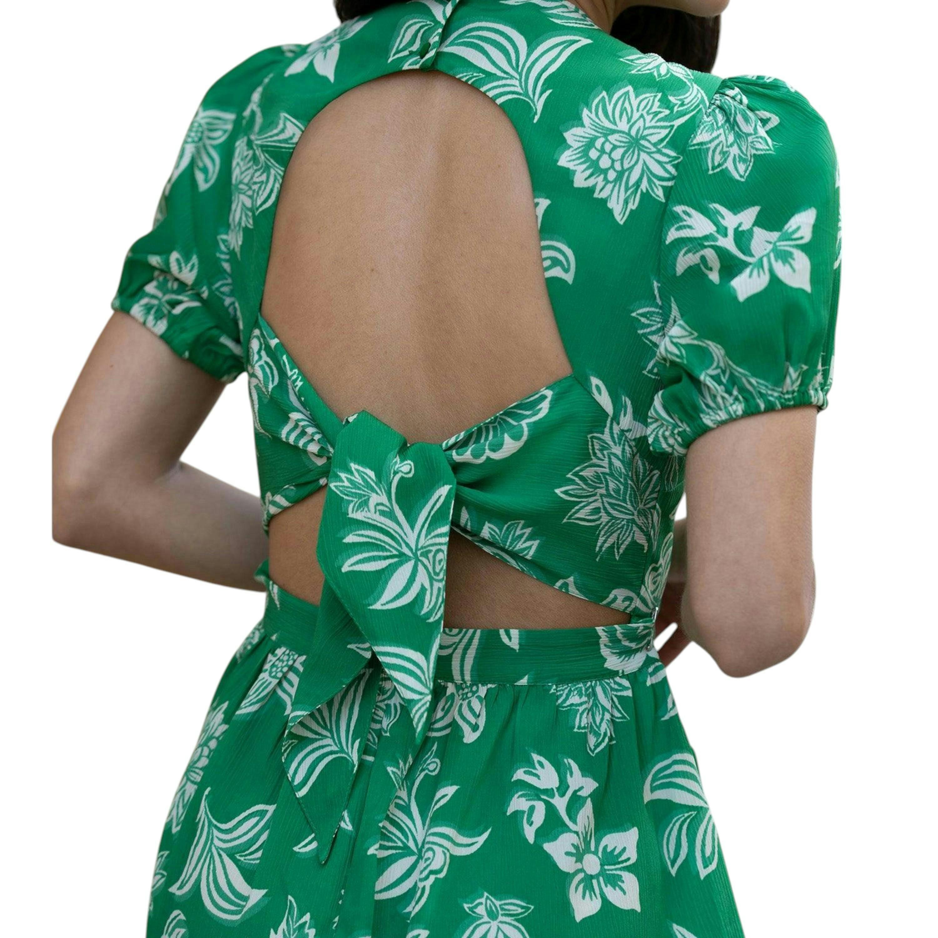 Mela Green Floral Print Skater Dress With Back Tie , view 3 of 6
