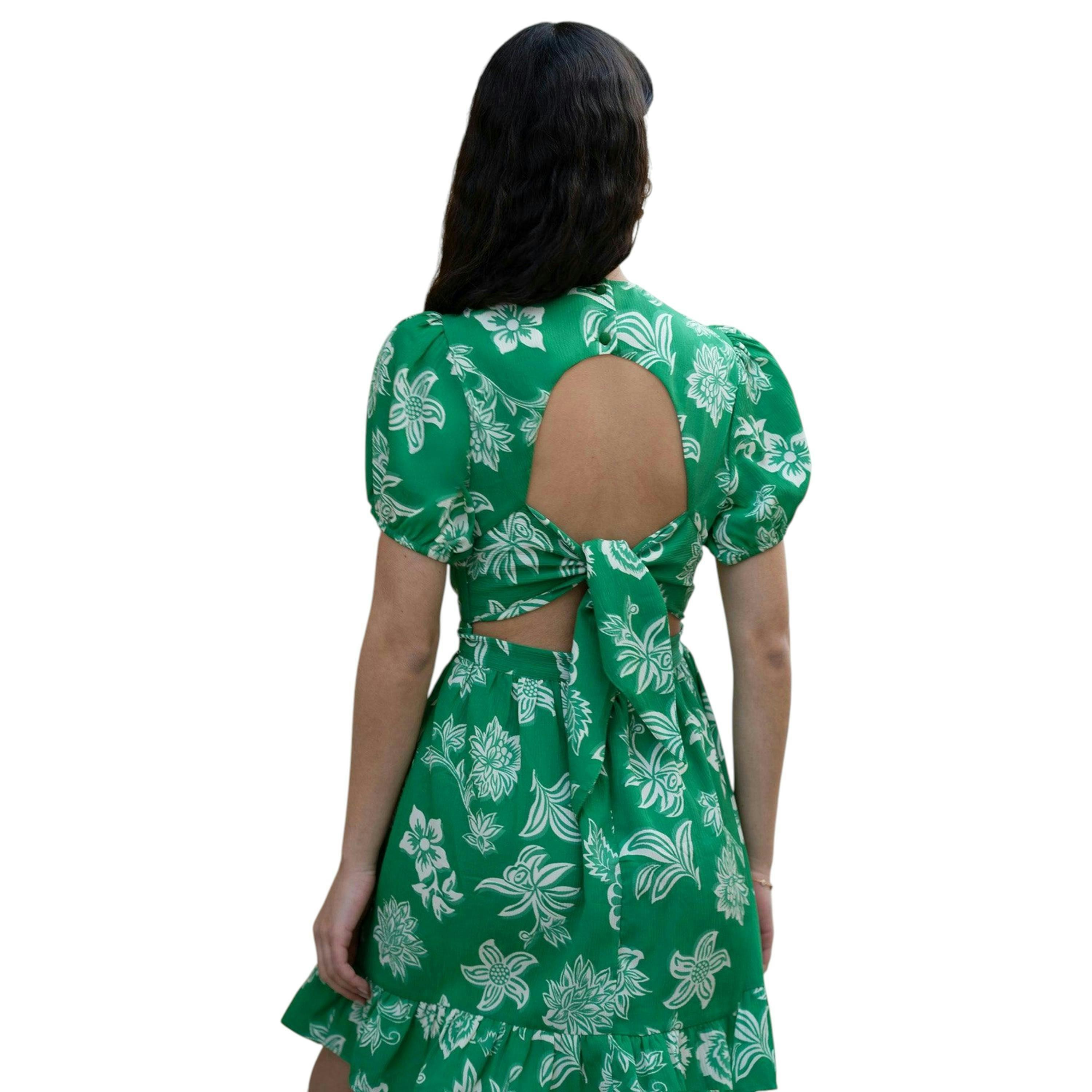 Mela Green Floral Print Skater Dress With Back Tie , view 4 of 6