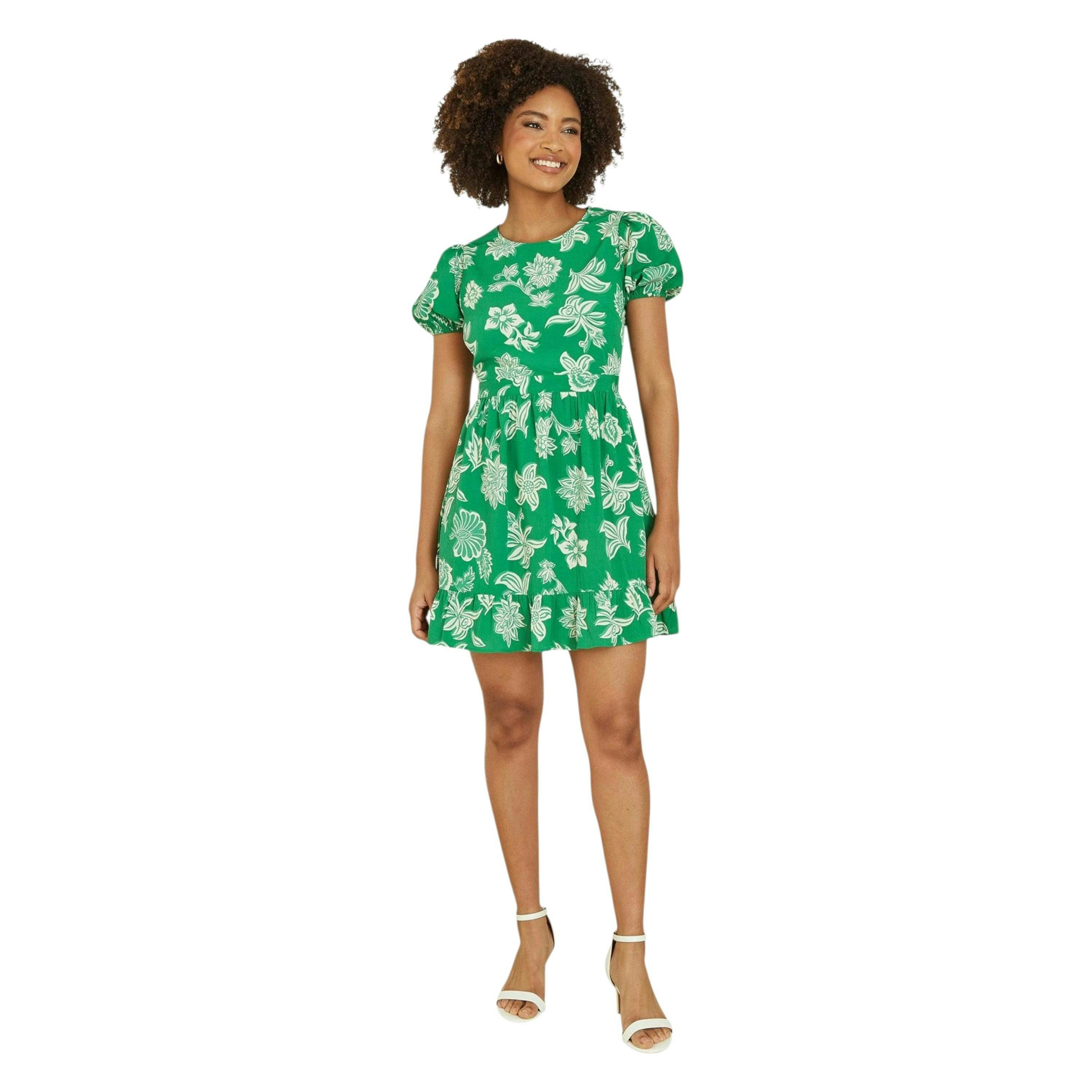 Mela Green Floral Print Skater Dress With Back Tie , view 6 of 6