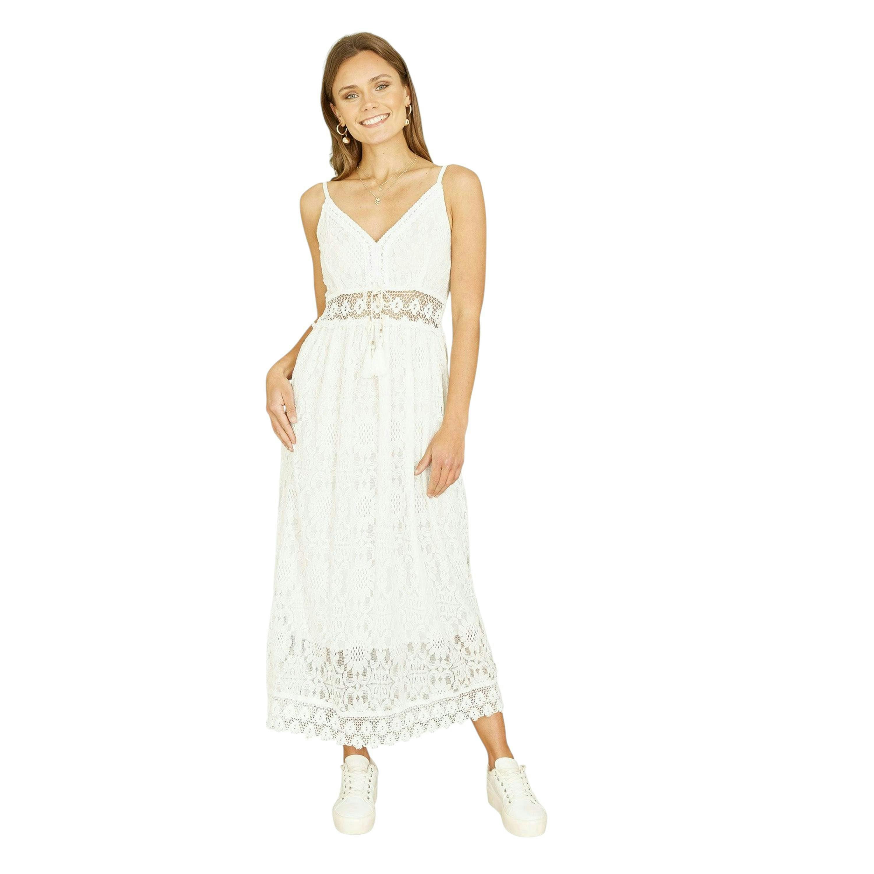 Yumi White Lace Midi Sundress With Tassel Tie and Ruched Back , view 2 of 3