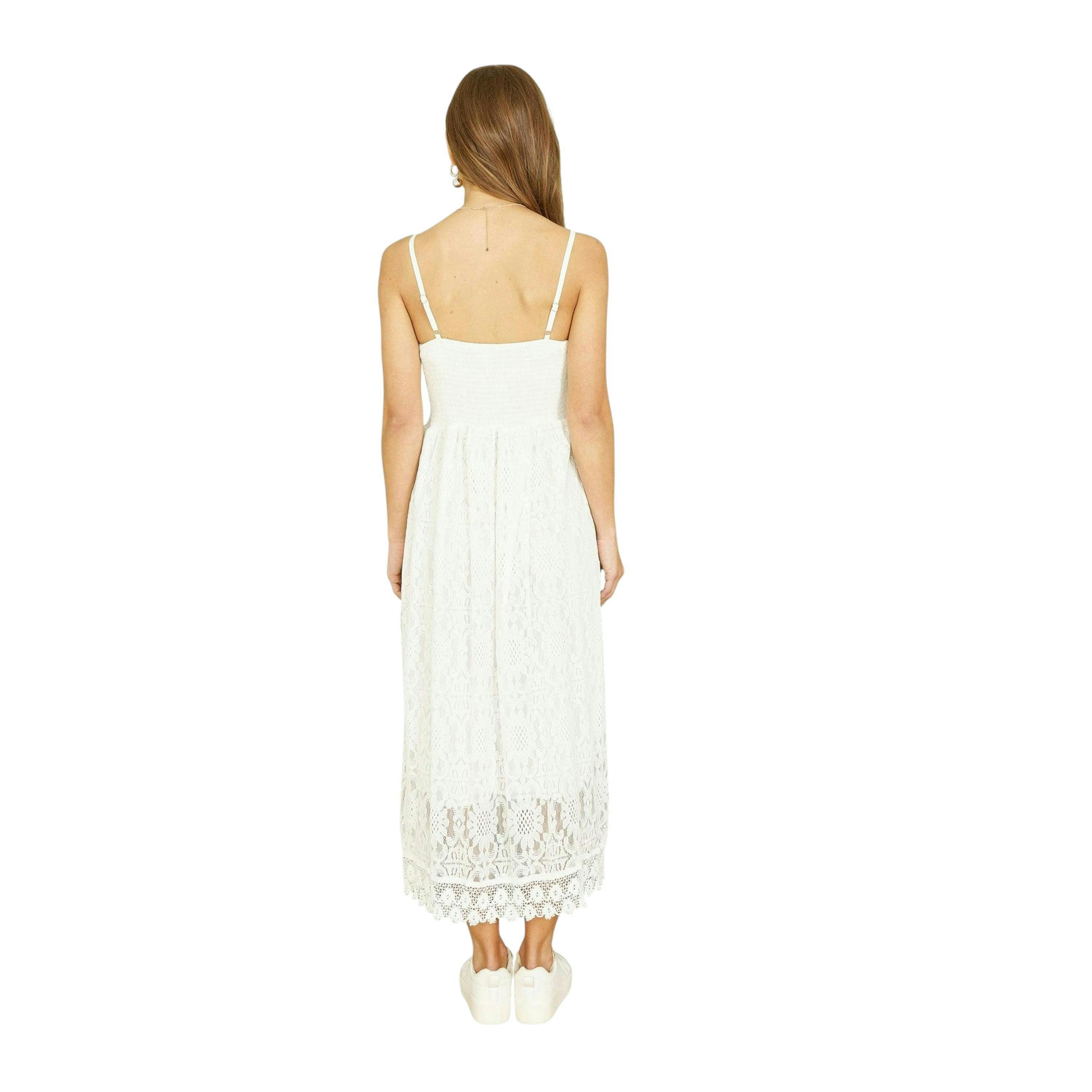 Yumi White Lace Midi Sundress With Tassel Tie and Ruched Back , view 3 of 3