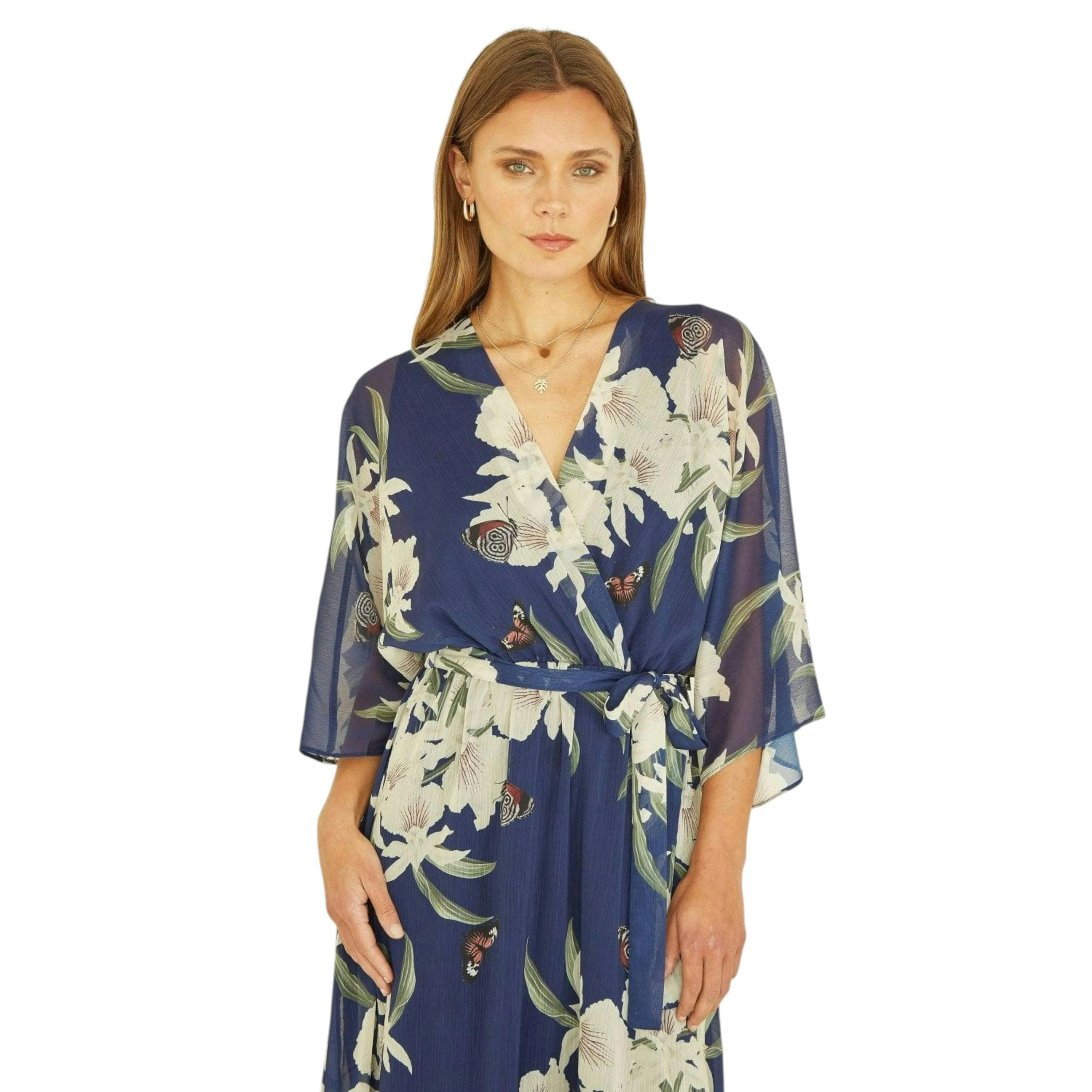 Navy Floral Kimono Sleeves Dip Hem Wrap Midi Dress , view 2 of 6