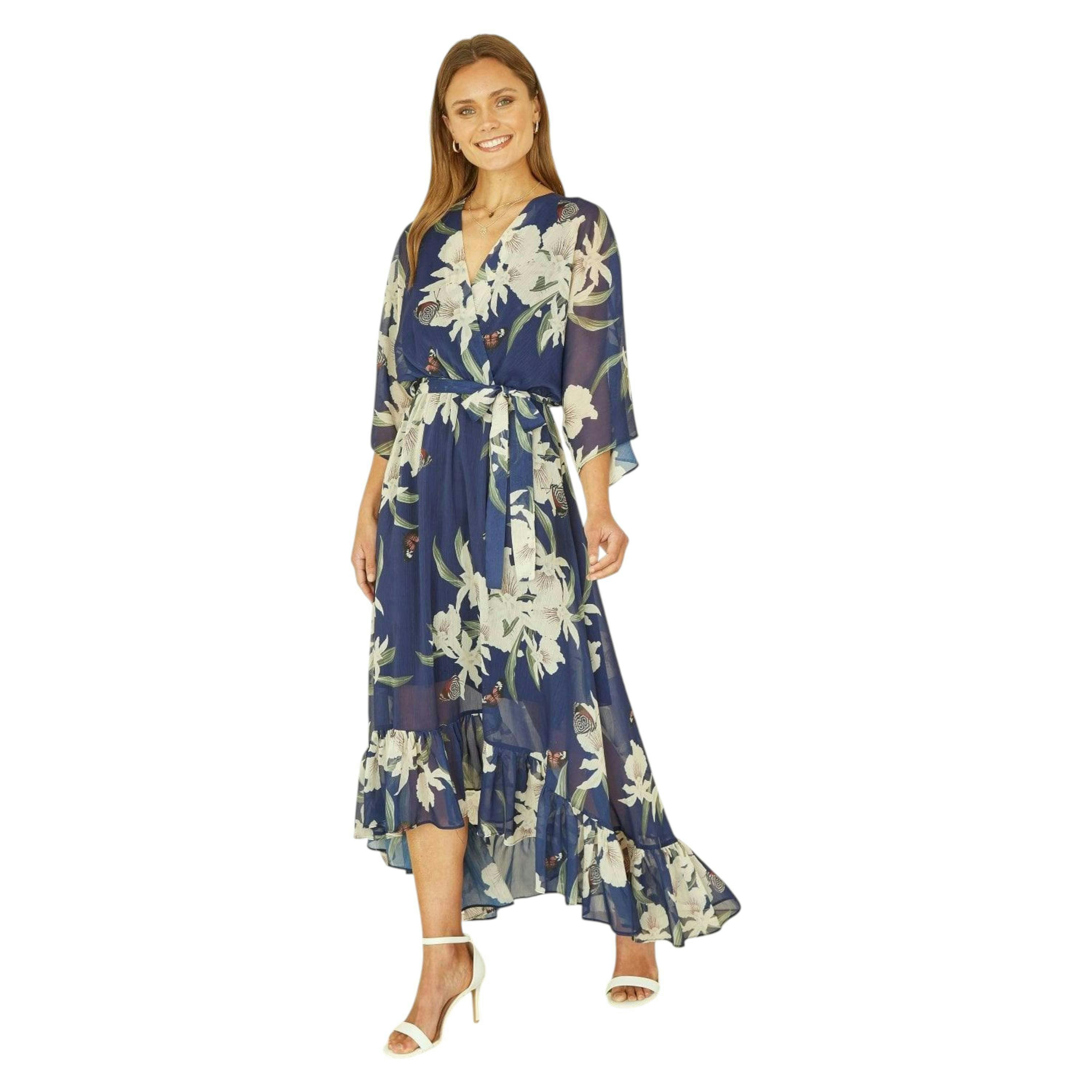 Navy Floral Kimono Sleeves Dip Hem Wrap Midi Dress , view 3 of 6