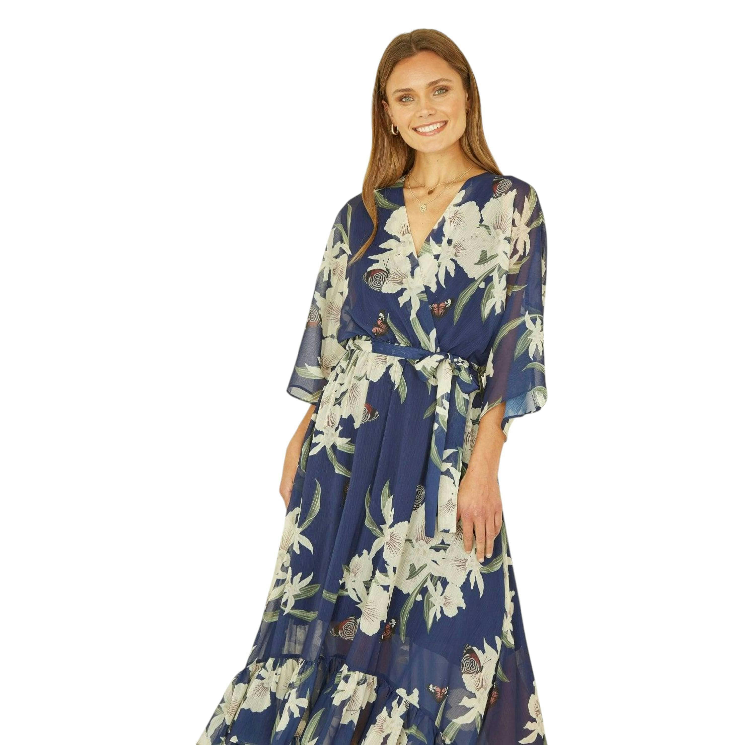 Navy Floral Kimono Sleeves Dip Hem Wrap Midi Dress , view 4 of 6