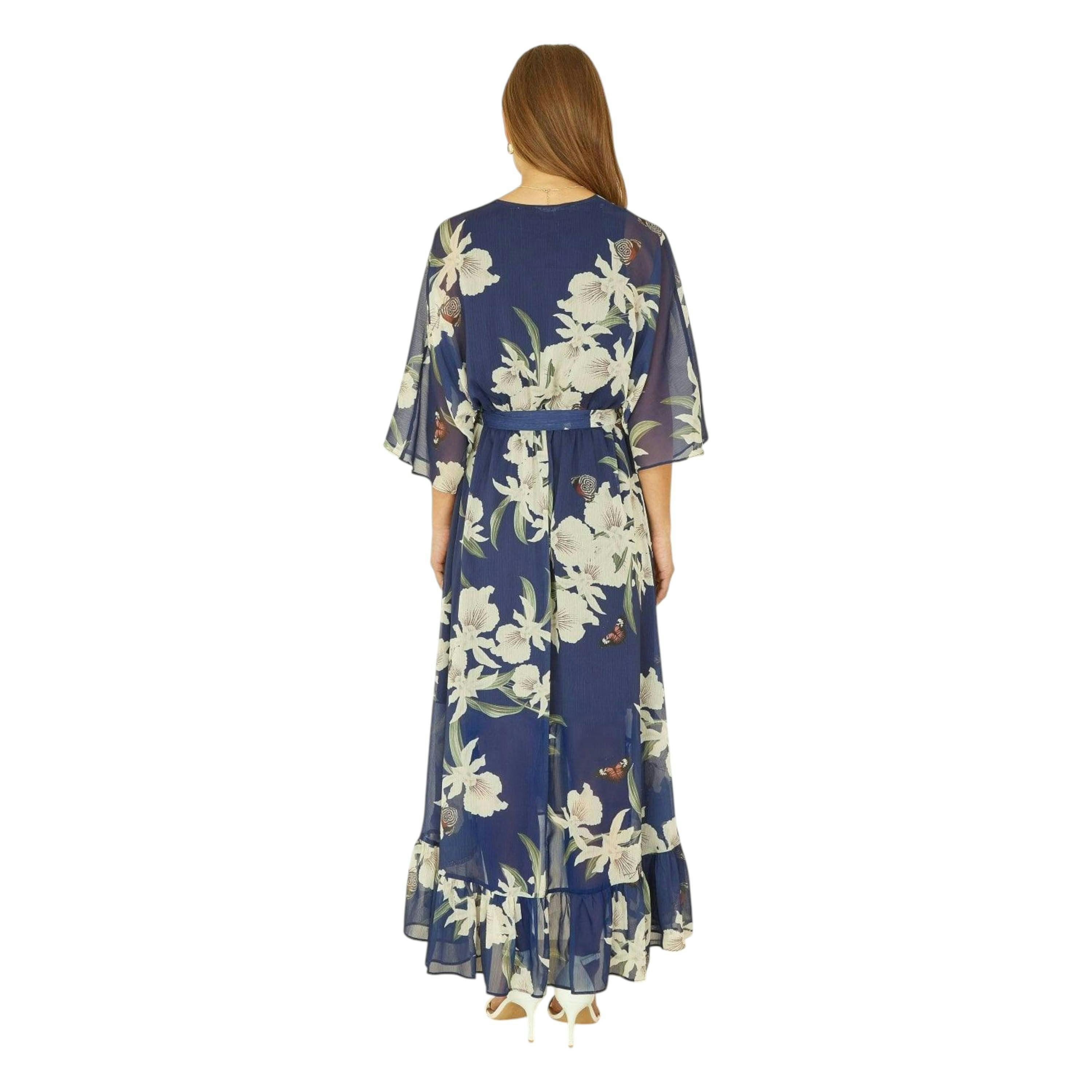 Navy Floral Kimono Sleeves Dip Hem Wrap Midi Dress , view 5 of 6