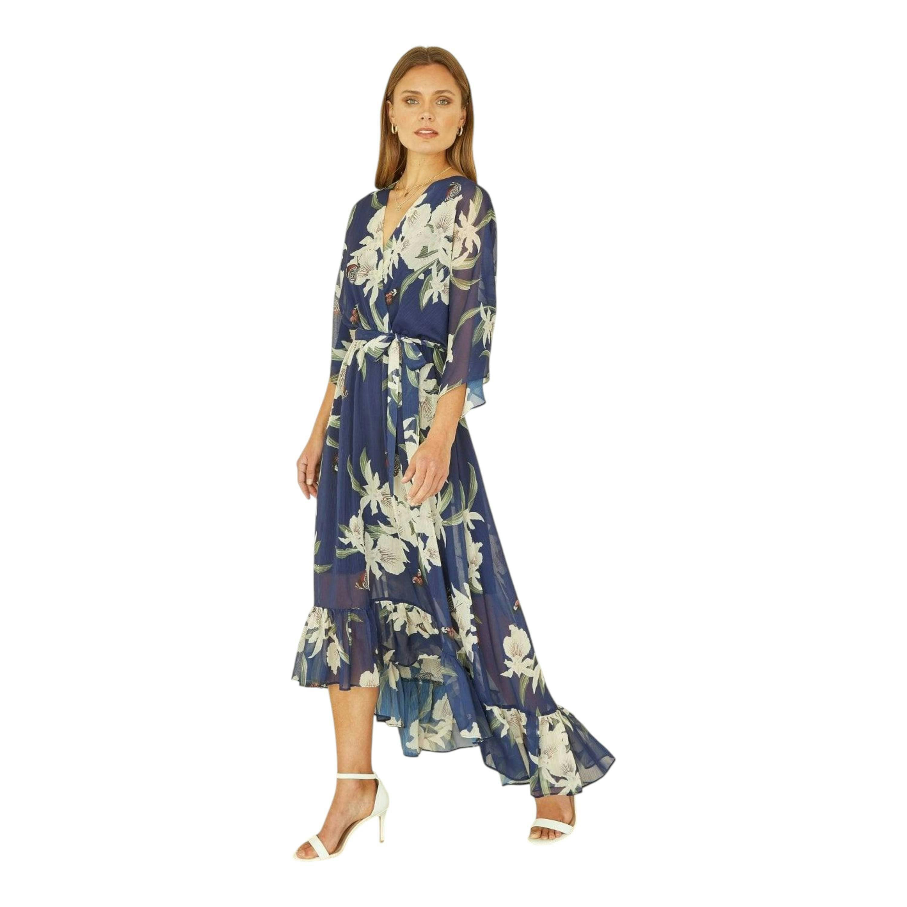 Navy Floral Kimono Sleeves Dip Hem Wrap Midi Dress , view 6 of 6