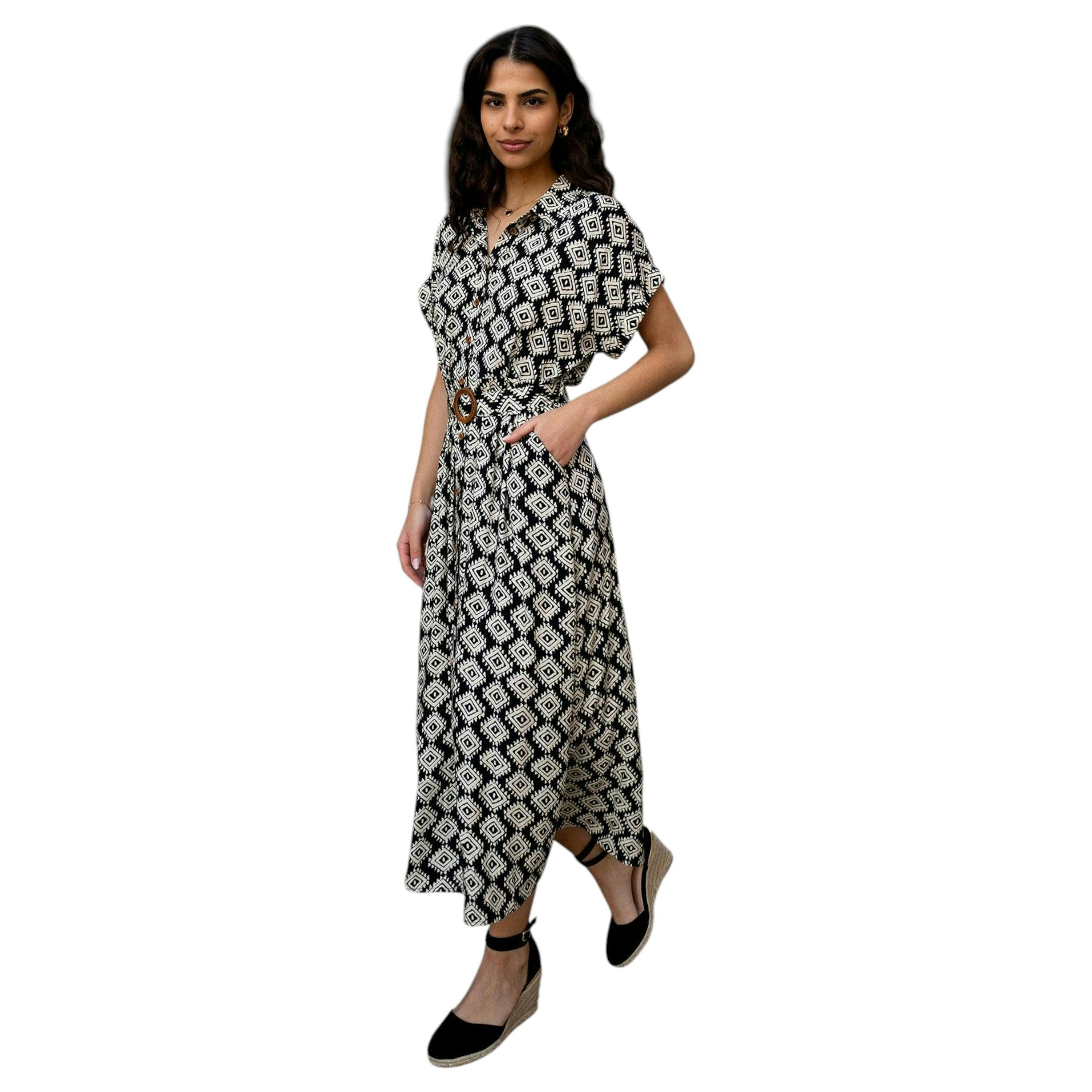 Yumi Black Viscose Midi Shirt Dress With Matching Belt , view 3 of 5