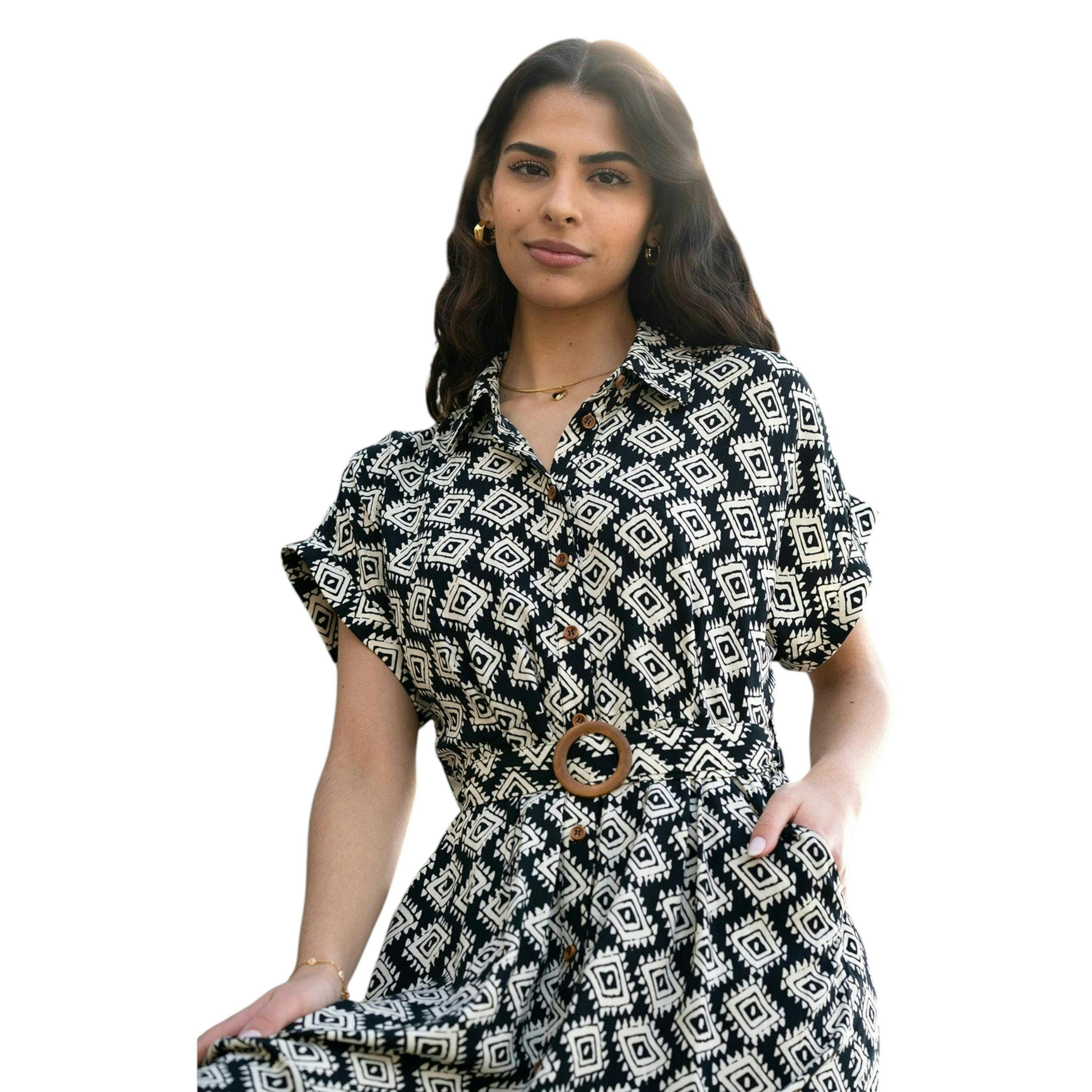 Yumi Black Viscose Midi Shirt Dress With Matching Belt , view 4 of 5
