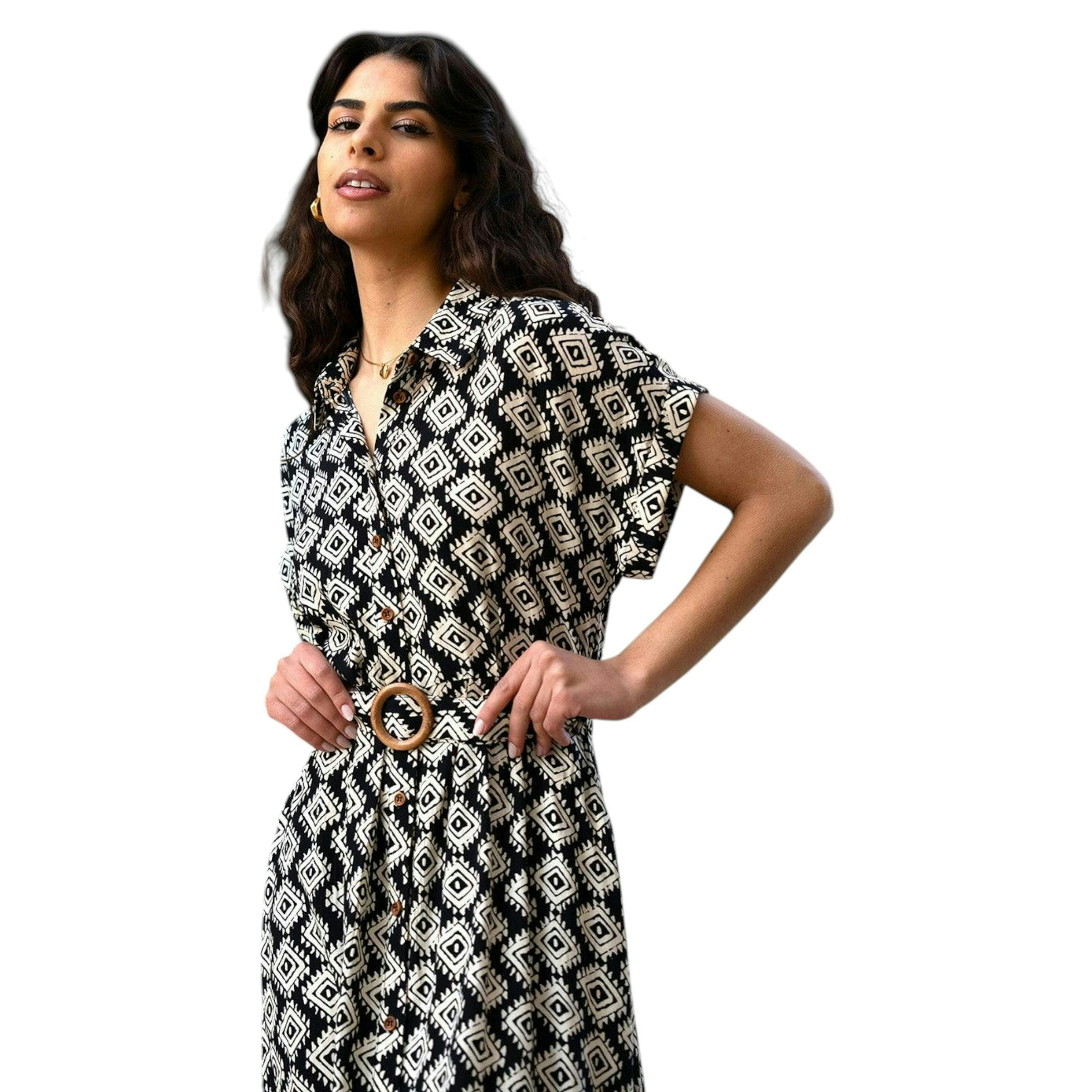 Yumi Black Viscose Midi Shirt Dress With Matching Belt , view 5 of 5