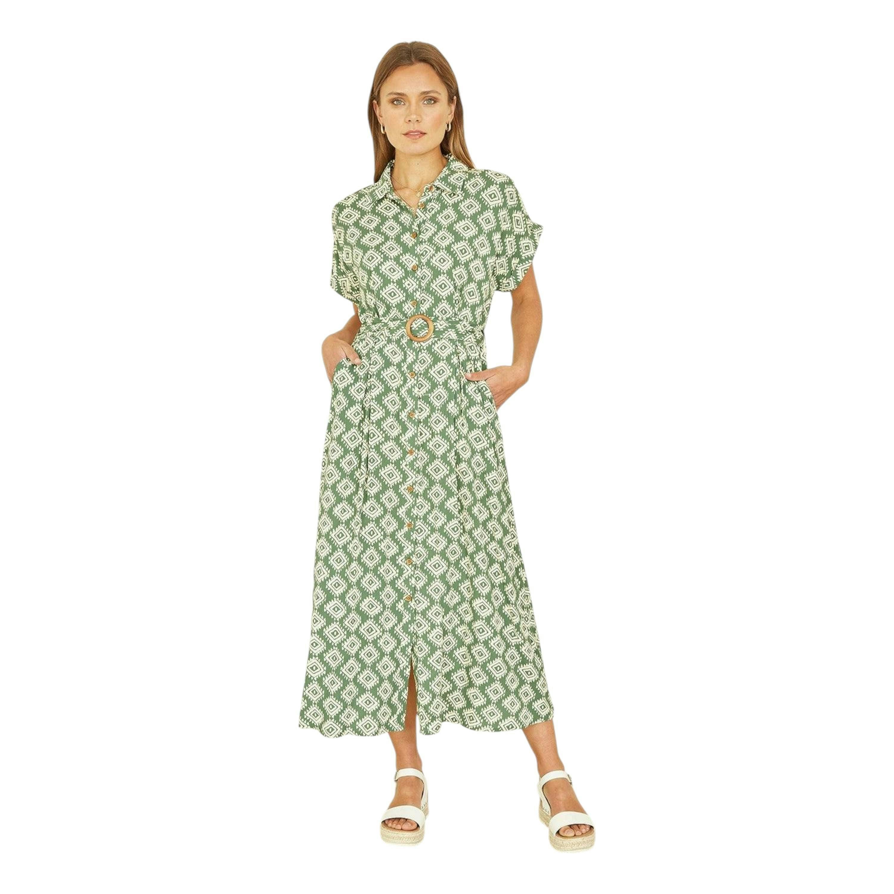 Yumi Green Viscose Midi Shirt Dress With Matching Belt , view 2 of 4