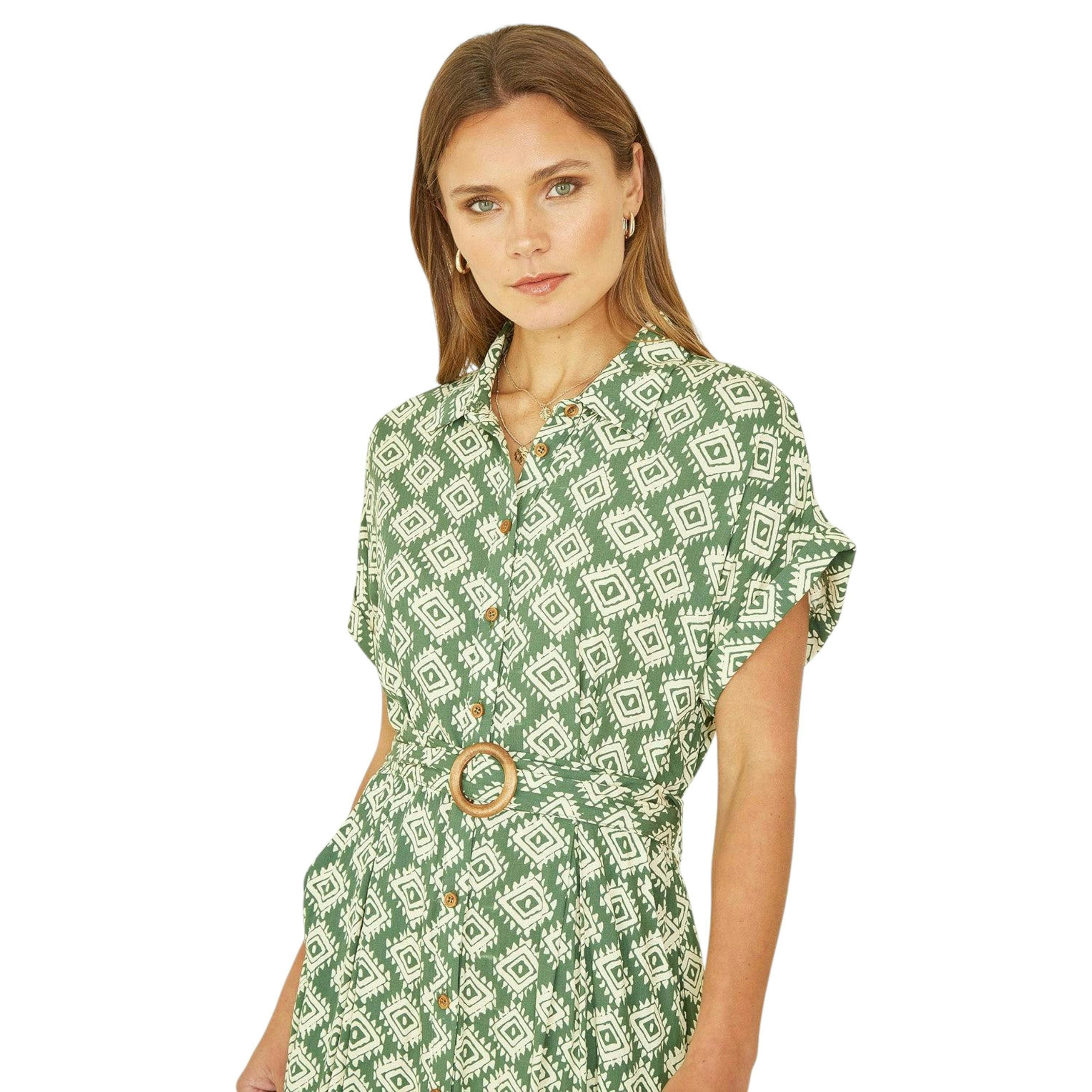 Yumi Green Viscose Midi Shirt Dress With Matching Belt , view 3 of 4