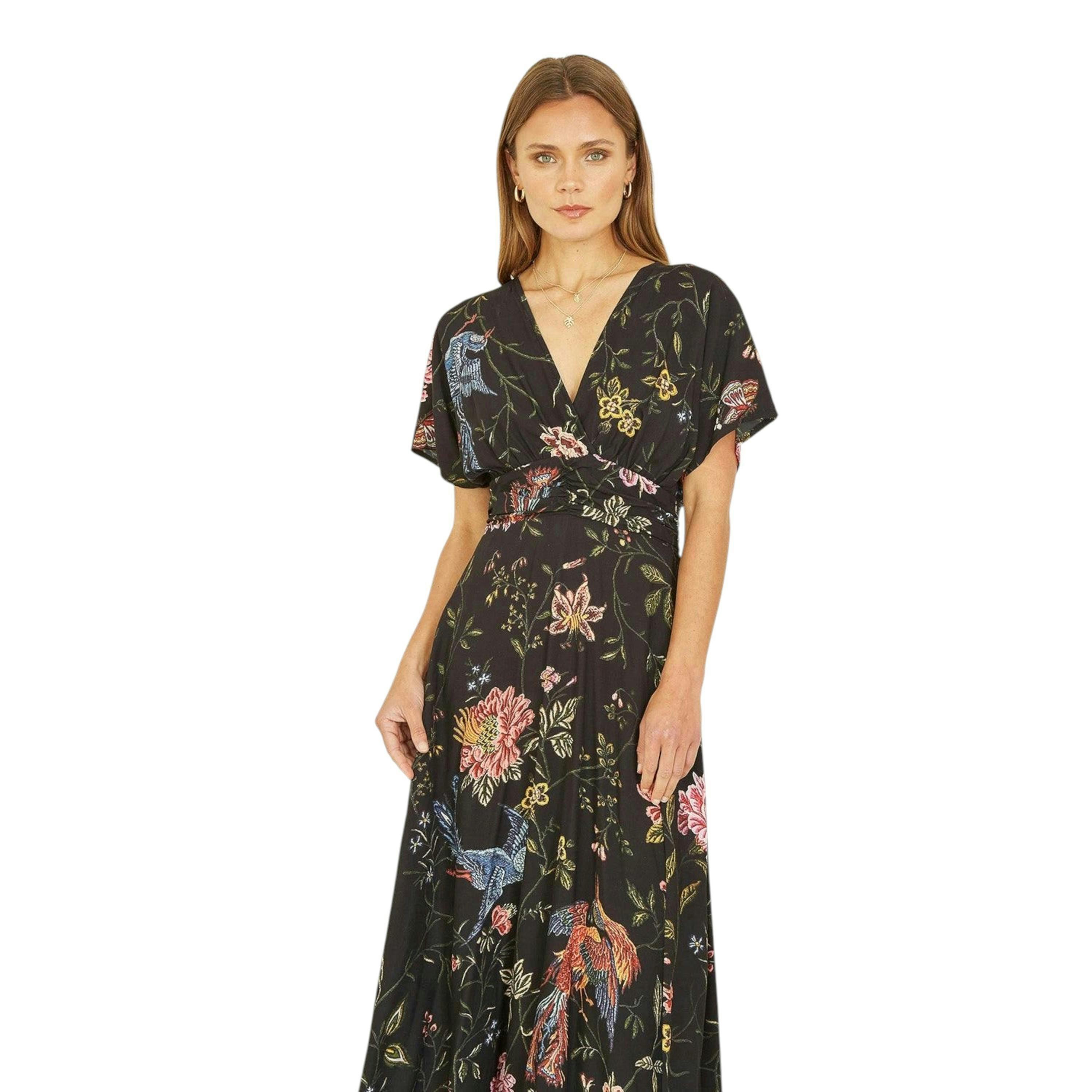 Yumi Black Viscose Bird and Floral Print Kimono Midi Dress , view 2 of 4