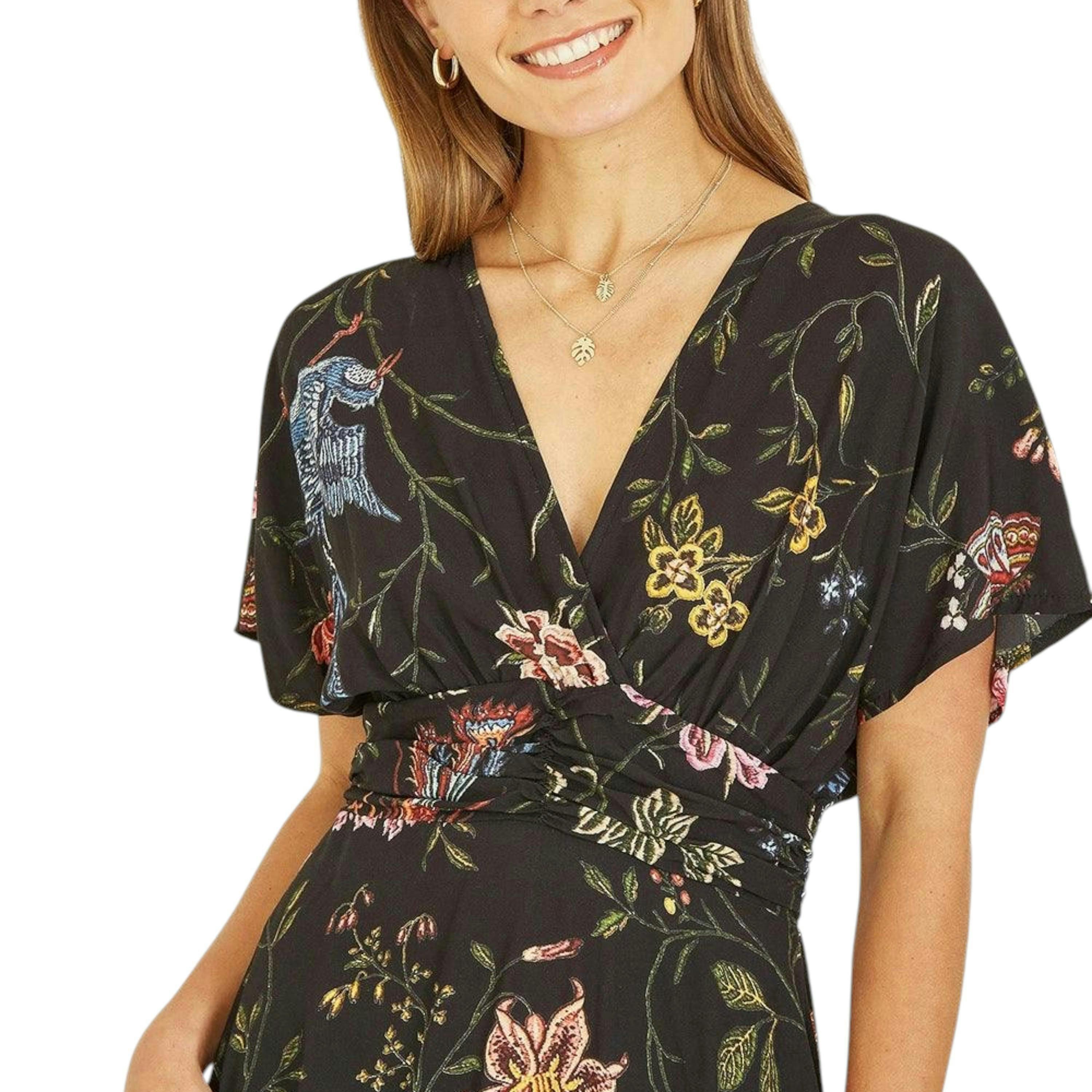 Yumi Black Viscose Bird and Floral Print Kimono Midi Dress , view 3 of 4