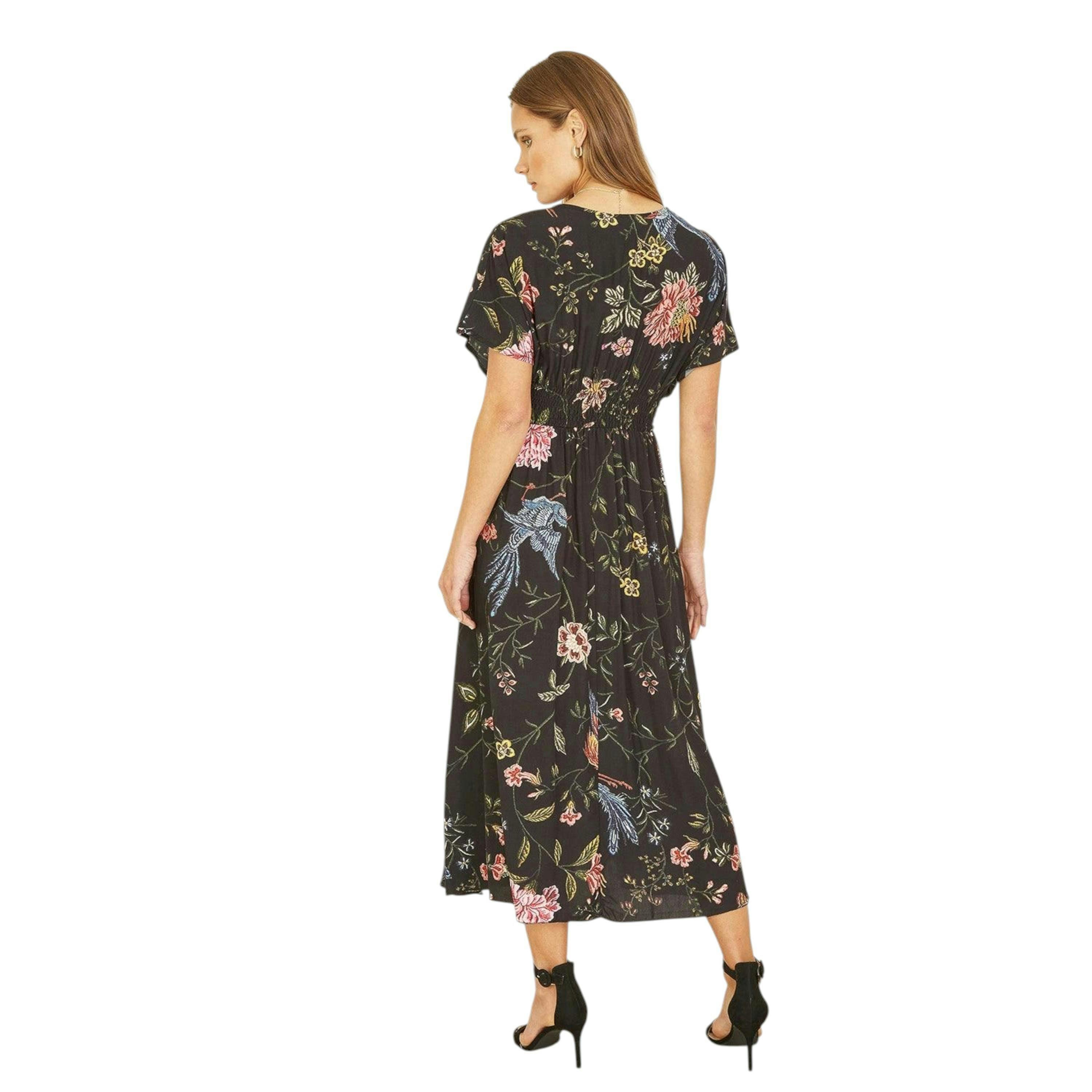 Yumi Black Viscose Bird and Floral Print Kimono Midi Dress , view 4 of 4