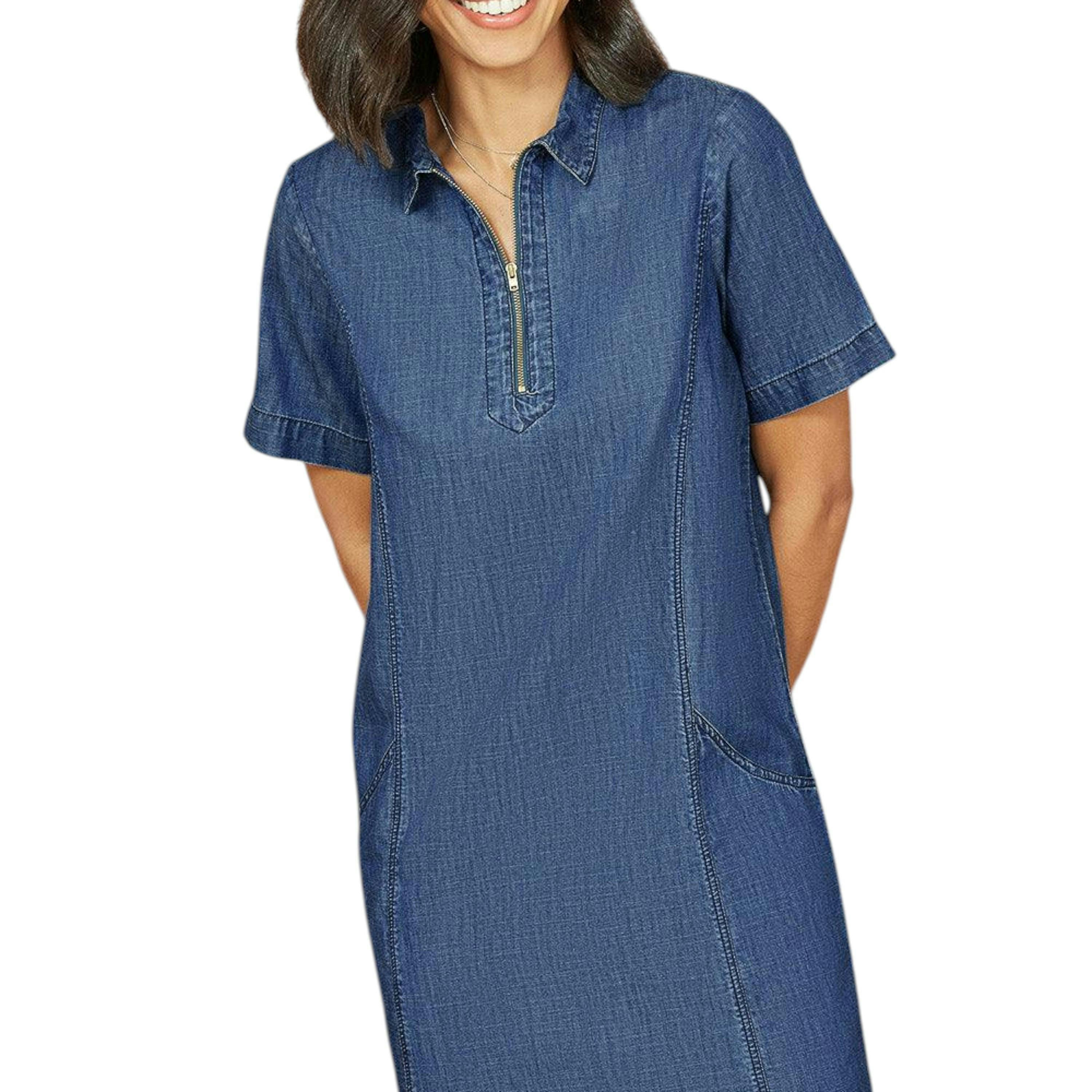 Yumi Blue Cotton Chambray Tunic With Zip Neckline , view 2 of 3