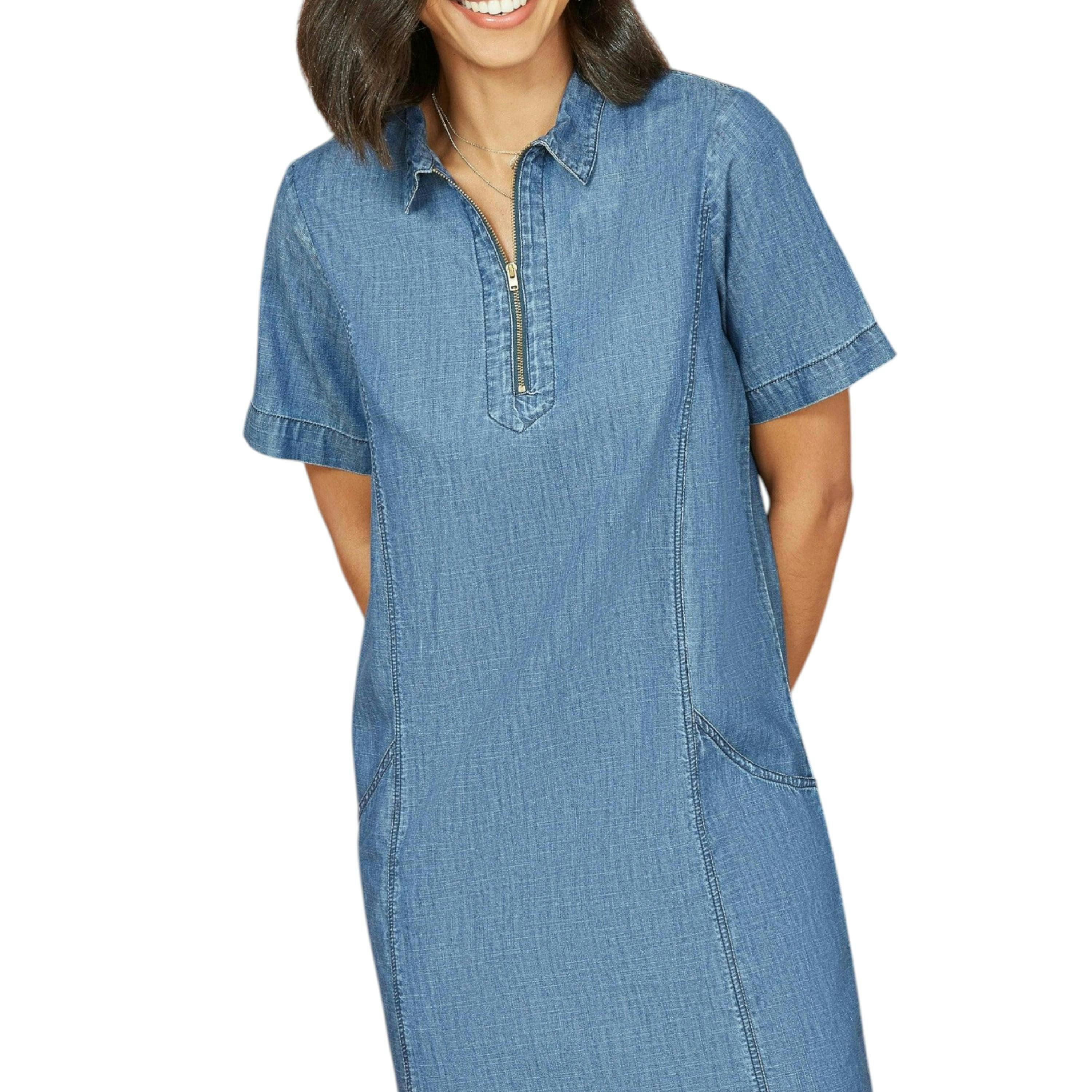 Yumi Blue Cotton Chambray Tunic With Zip Neckline , view 3 of 3