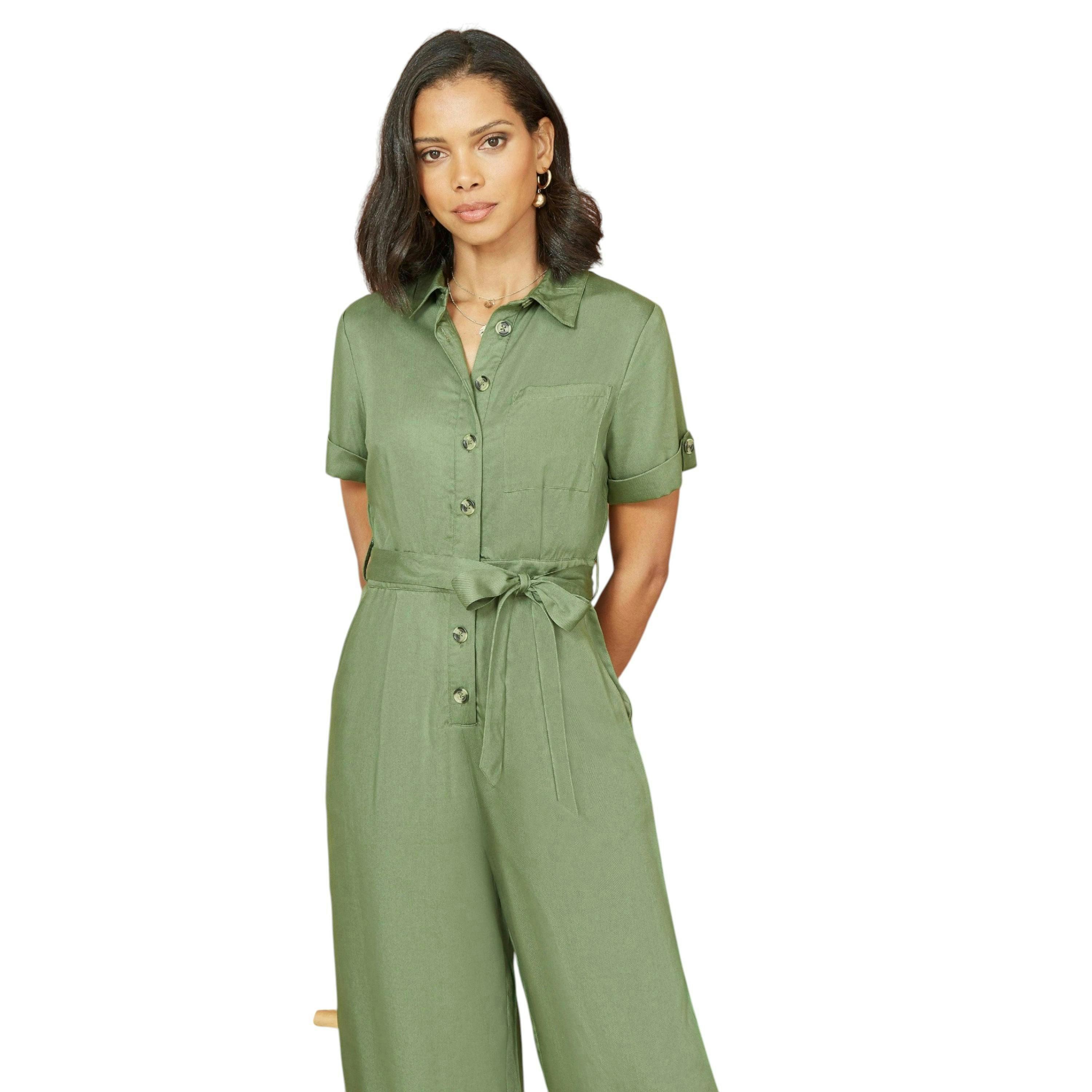 Yumi Green Twill Viscose Utility Jumpsuit , view 1 of 3