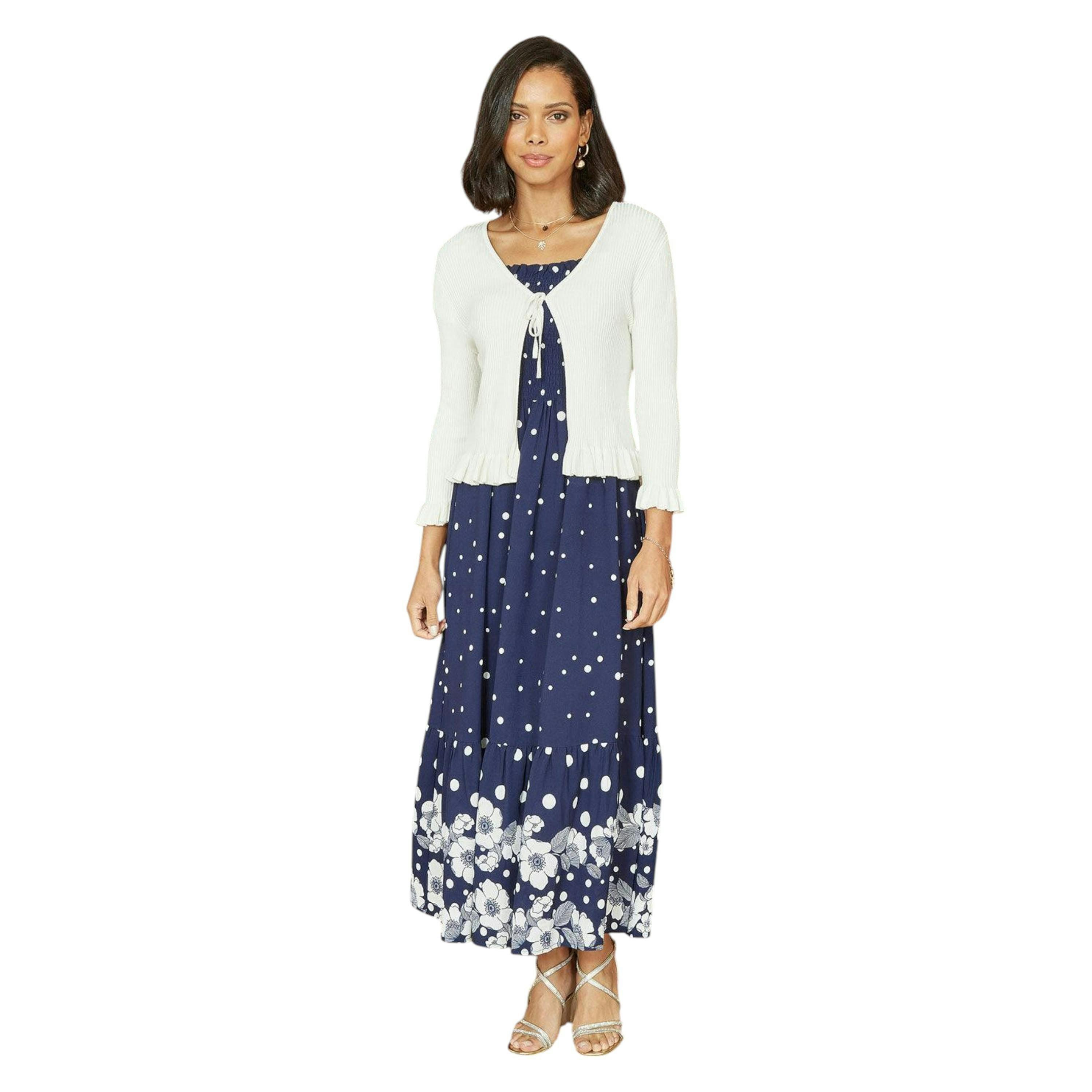Yumi Ivory Tie Up Ribbed Cardigan With Frill Hem , view 1 of 3