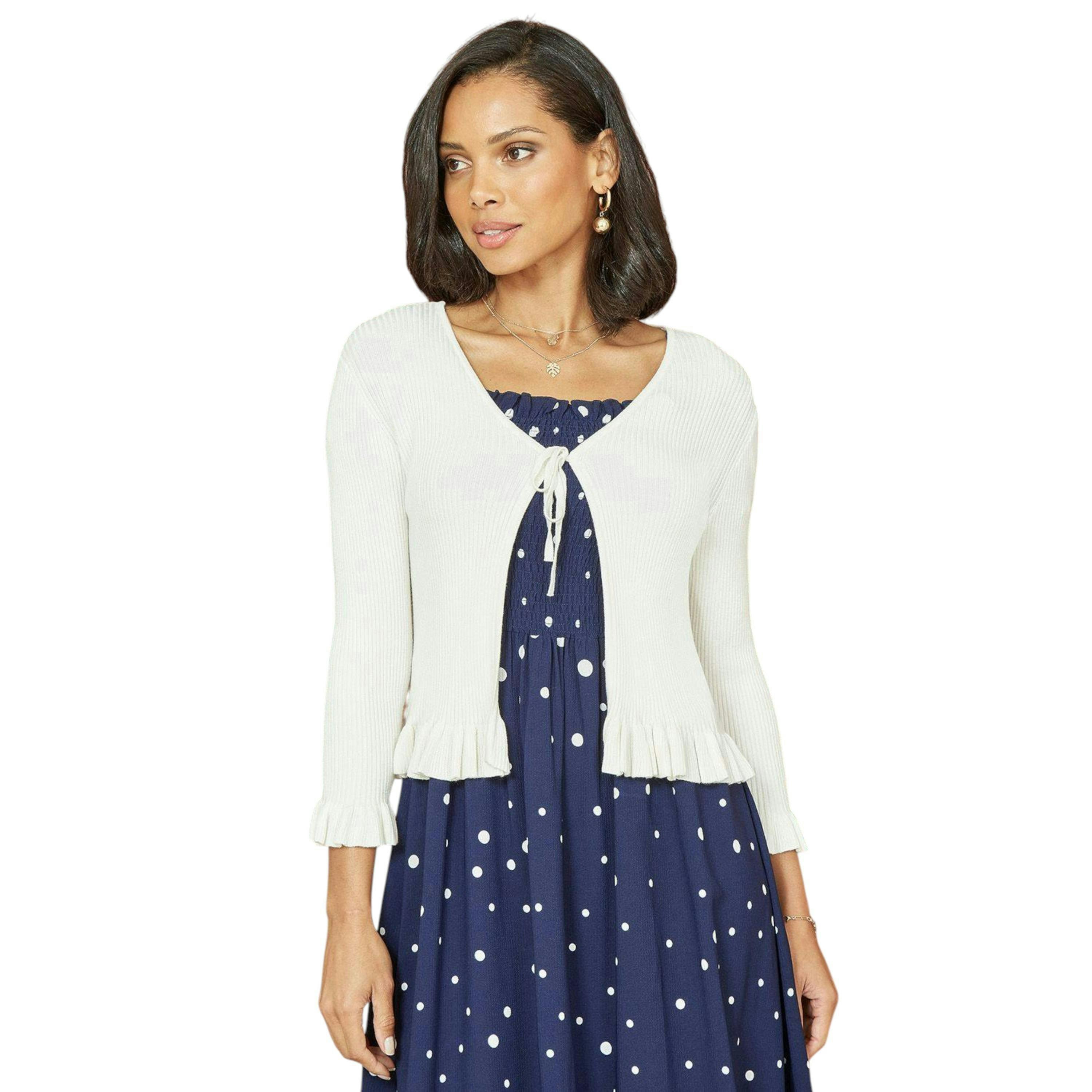 Yumi Ivory Tie Up Ribbed Cardigan With Frill Hem , view 2 of 3