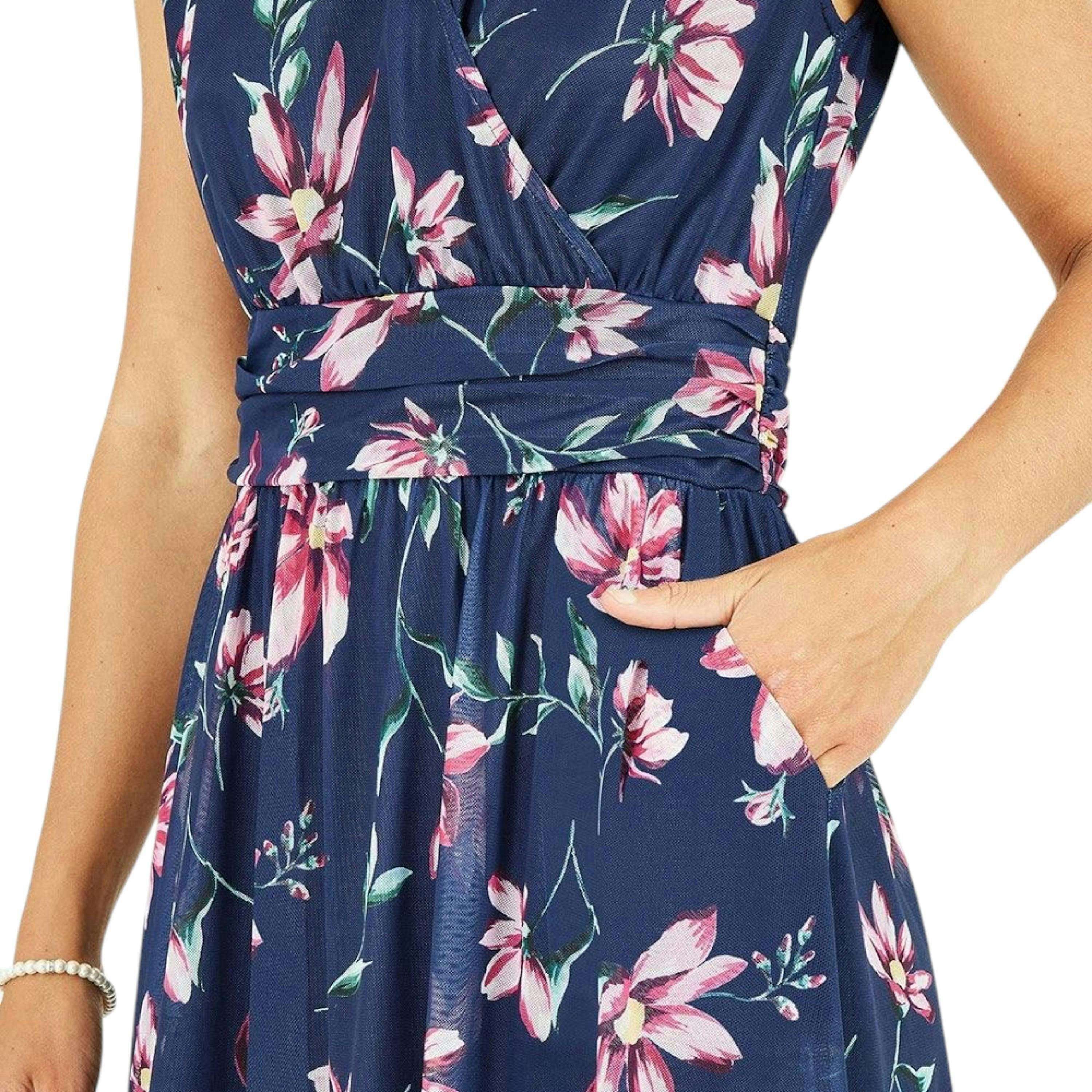 Yumi Navy Floral Print Mesh Stretch Midi Dress With Pockets , view 4 of 5