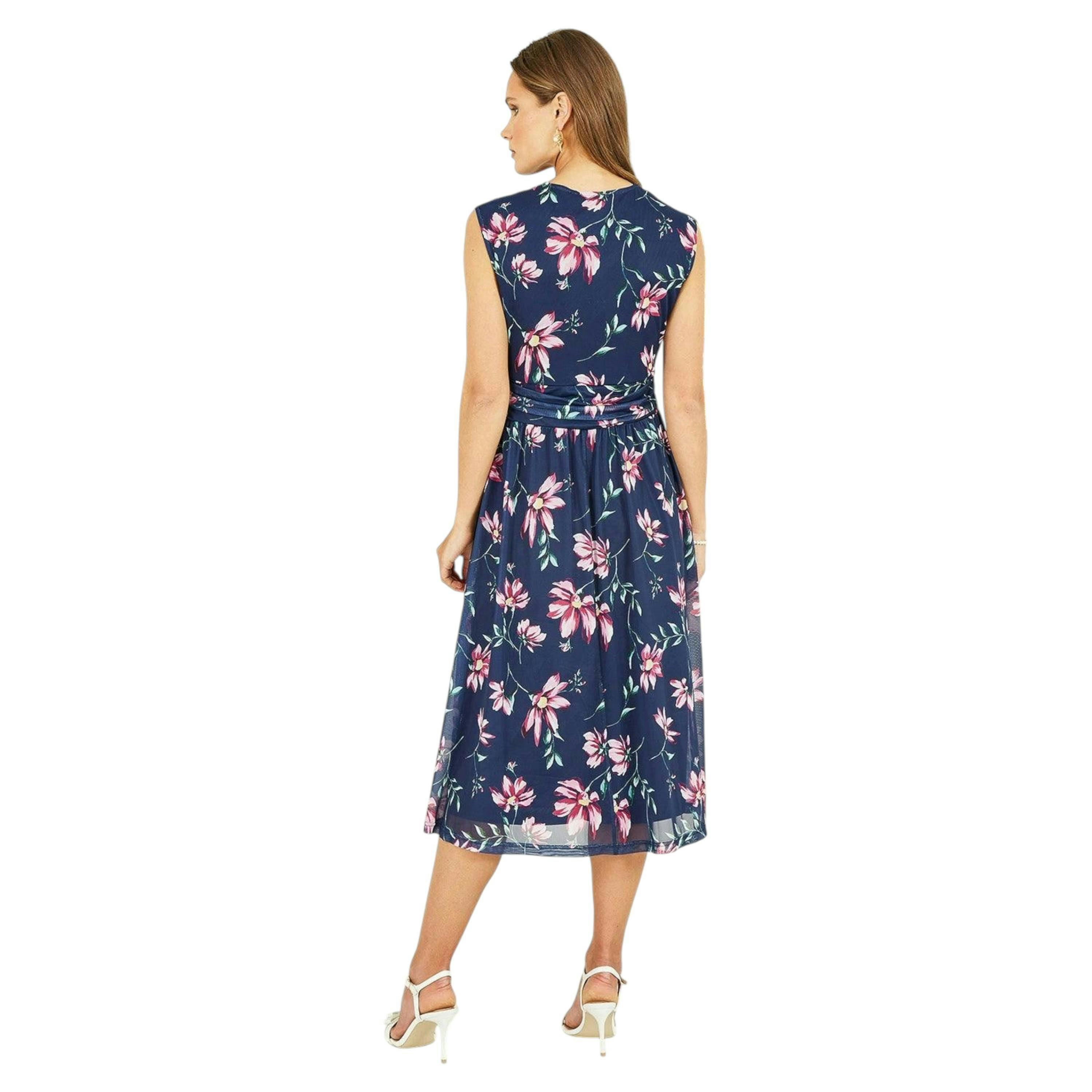 Yumi Navy Floral Print Mesh Stretch Midi Dress With Pockets , view 5 of 5