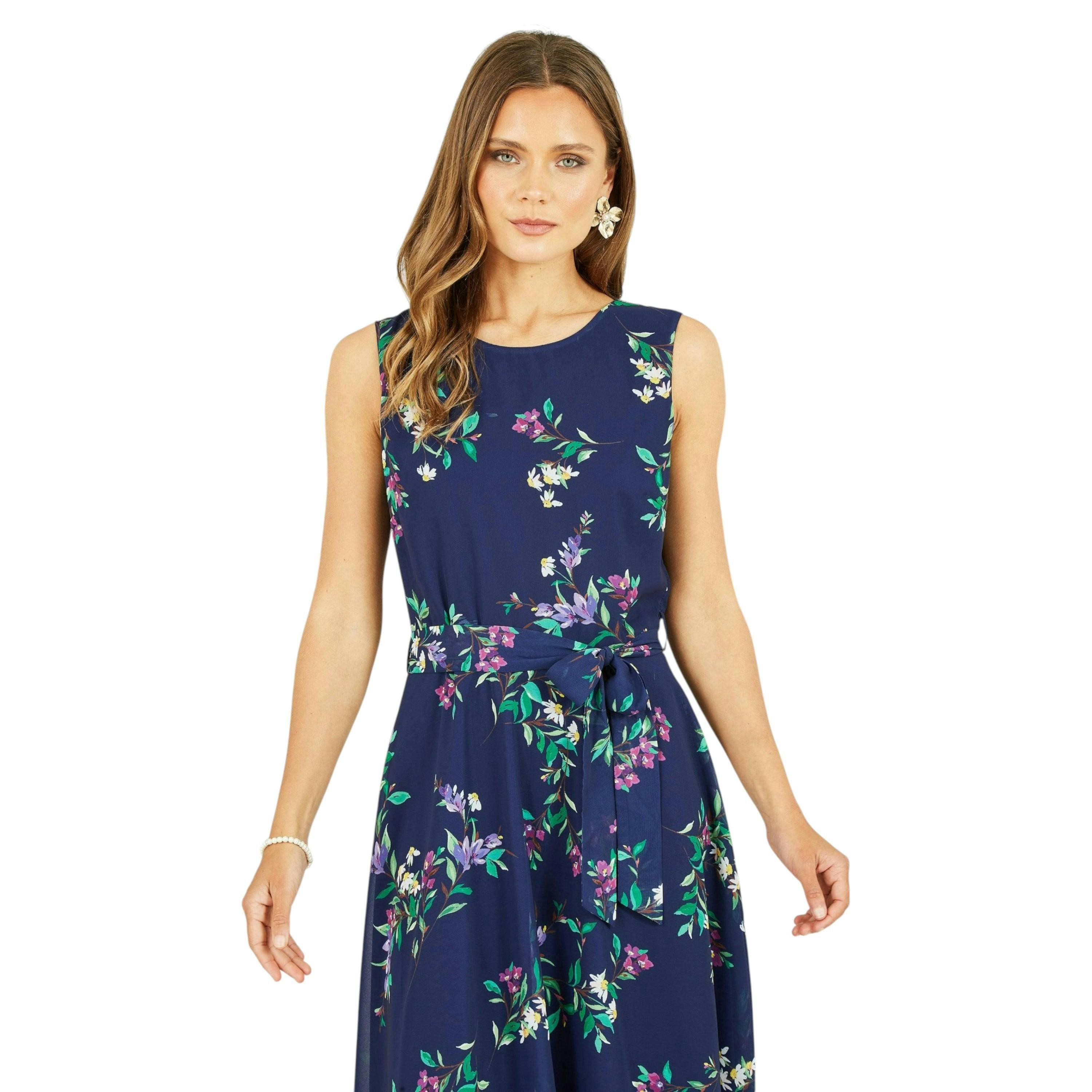 Yumi Navy Floral Print Midi Skater Dress , view 1 of 4